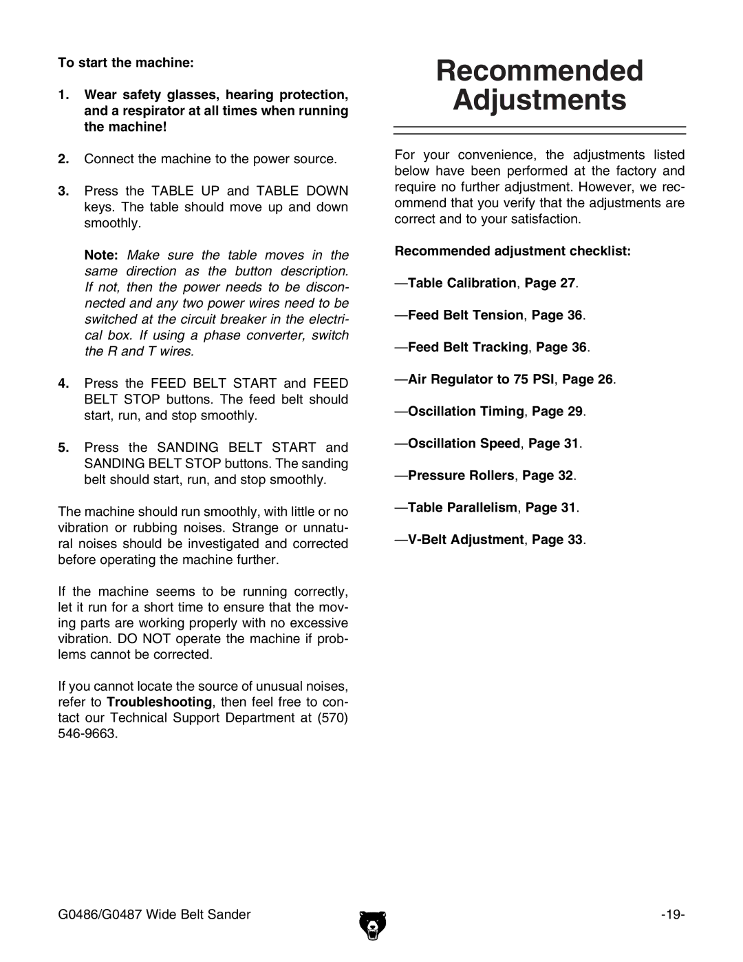 Grizzly G0486/G0487 owner manual Recommended Adjustments 