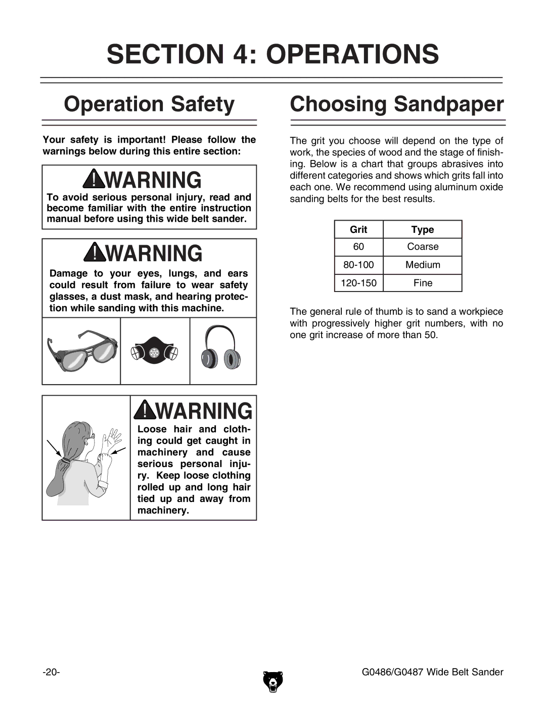 Grizzly G0486/G0487 owner manual Operations, Operation Safety, Choosing Sandpaper, Grit 