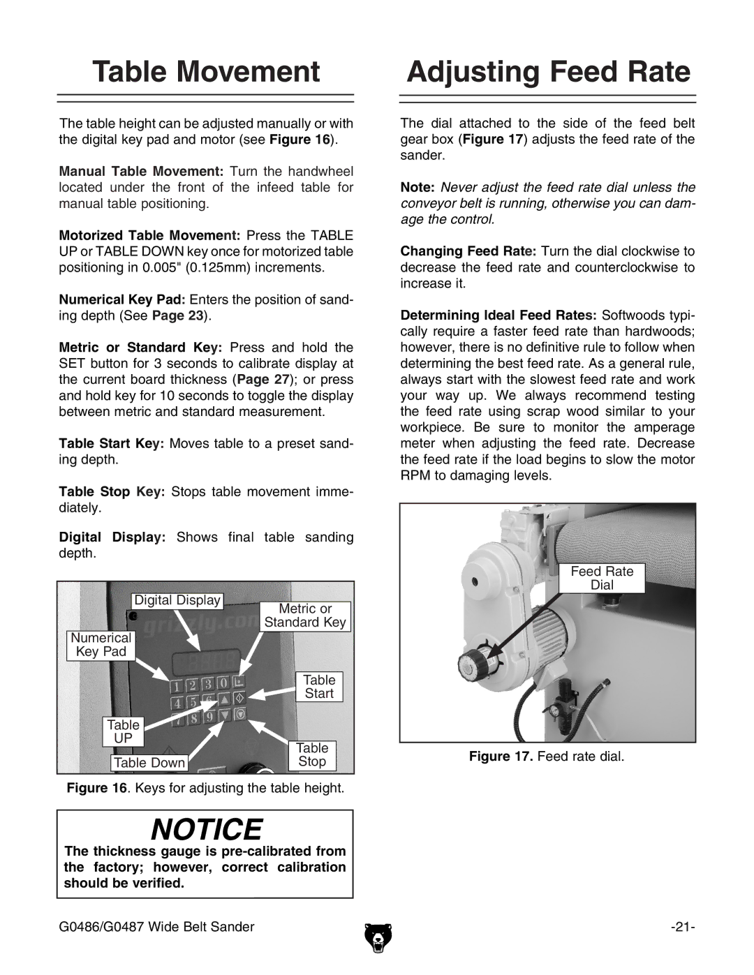 Grizzly G0486/G0487 owner manual Table Movement, Adjusting Feed Rate 