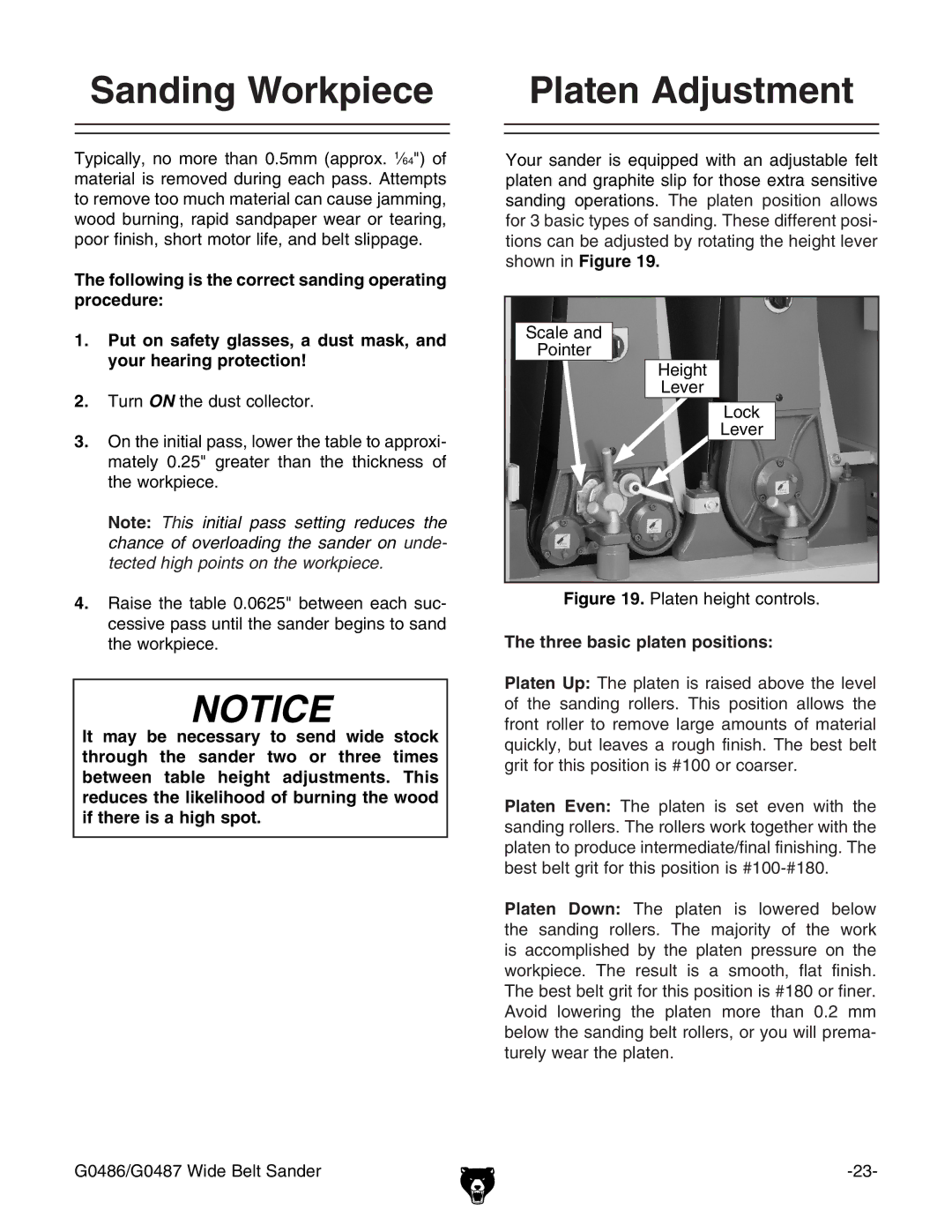 Grizzly G0486/G0487 owner manual Sanding Workpiece Platen Adjustment, Three basic platen positions 