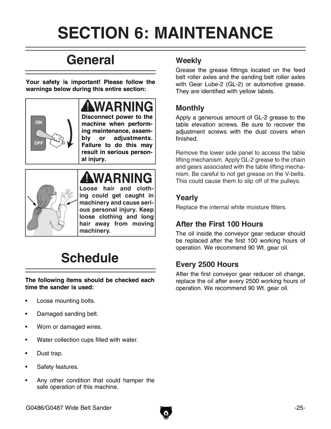 Grizzly G0486/G0487 owner manual Maintenance, General, Schedule 