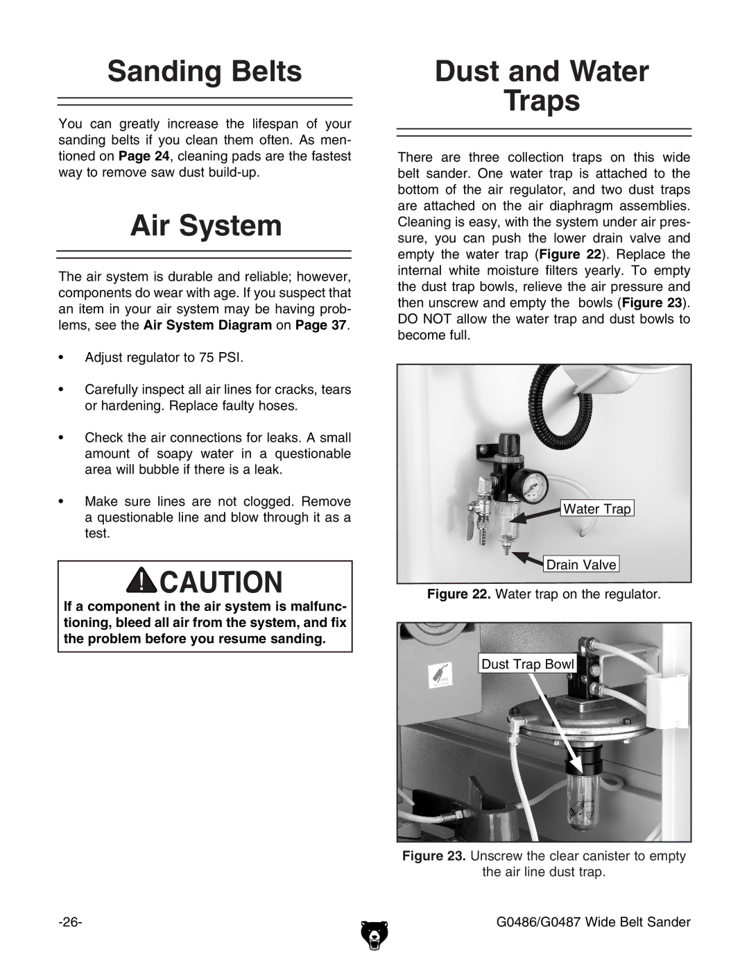 Grizzly G0486/G0487 owner manual Sanding Belts, Air System, Dust and Water Traps 