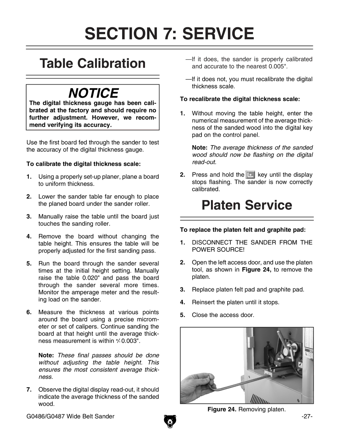 Grizzly G0486/G0487 owner manual Table Calibration, Platen Service 