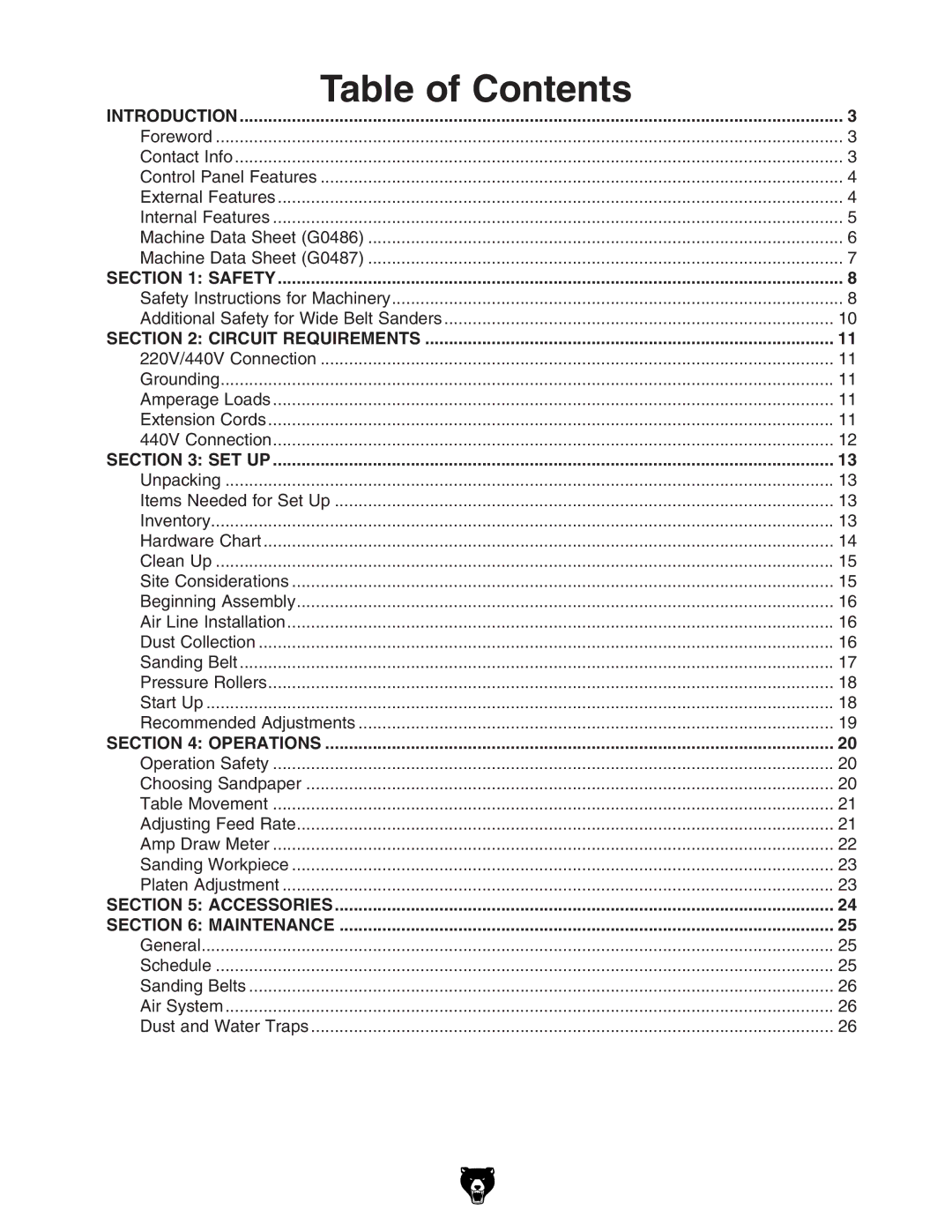 Grizzly G0486/G0487 owner manual Table of Contents 