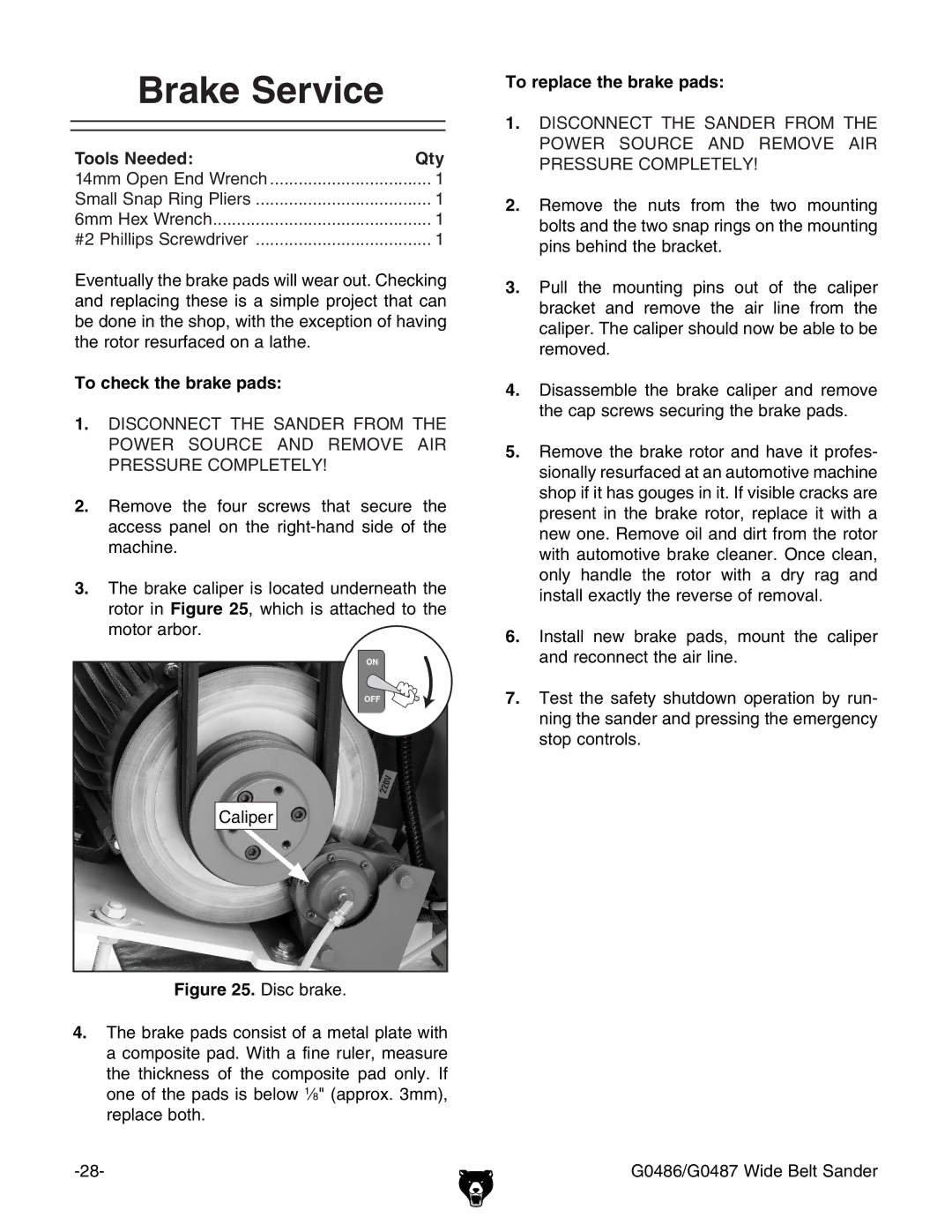 Grizzly G0486/G0487 owner manual Brake Service, Tools Needed Qty, To check the brake pads, To replace the brake pads 