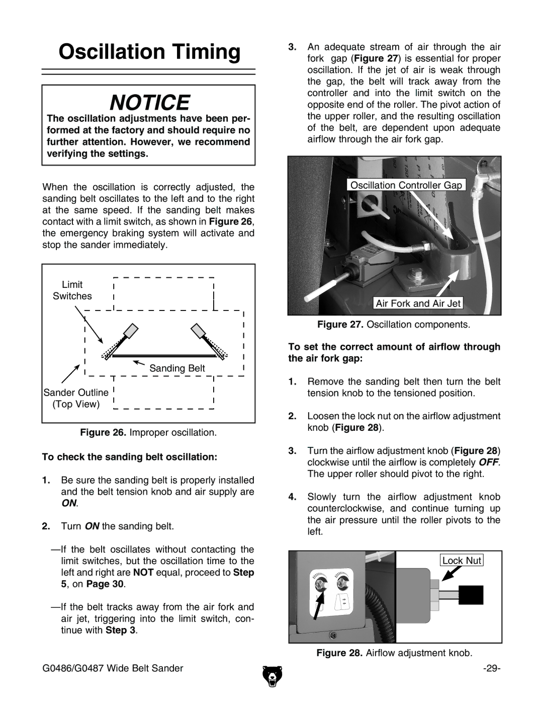 Grizzly G0486/G0487 owner manual Oscillation Timing, To check the sanding belt oscillation 