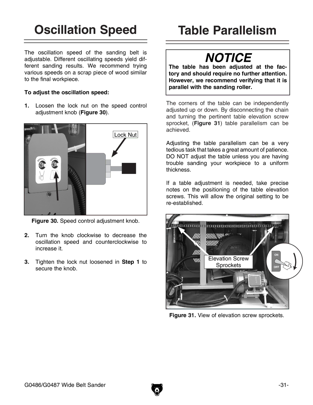 Grizzly G0486/G0487 owner manual Oscillation Speed, Table Parallelism, To adjust the oscillation speed 