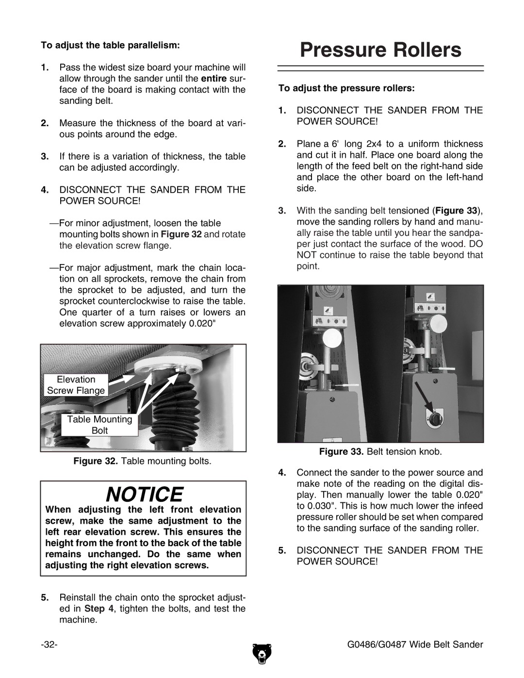 Grizzly G0486/G0487 owner manual Pressure Rollers, To adjust the table parallelism, To adjust the pressure rollers 