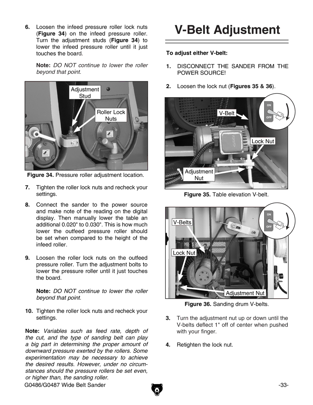 Grizzly G0486/G0487 owner manual Belt Adjustment, To adjust either V-belt 