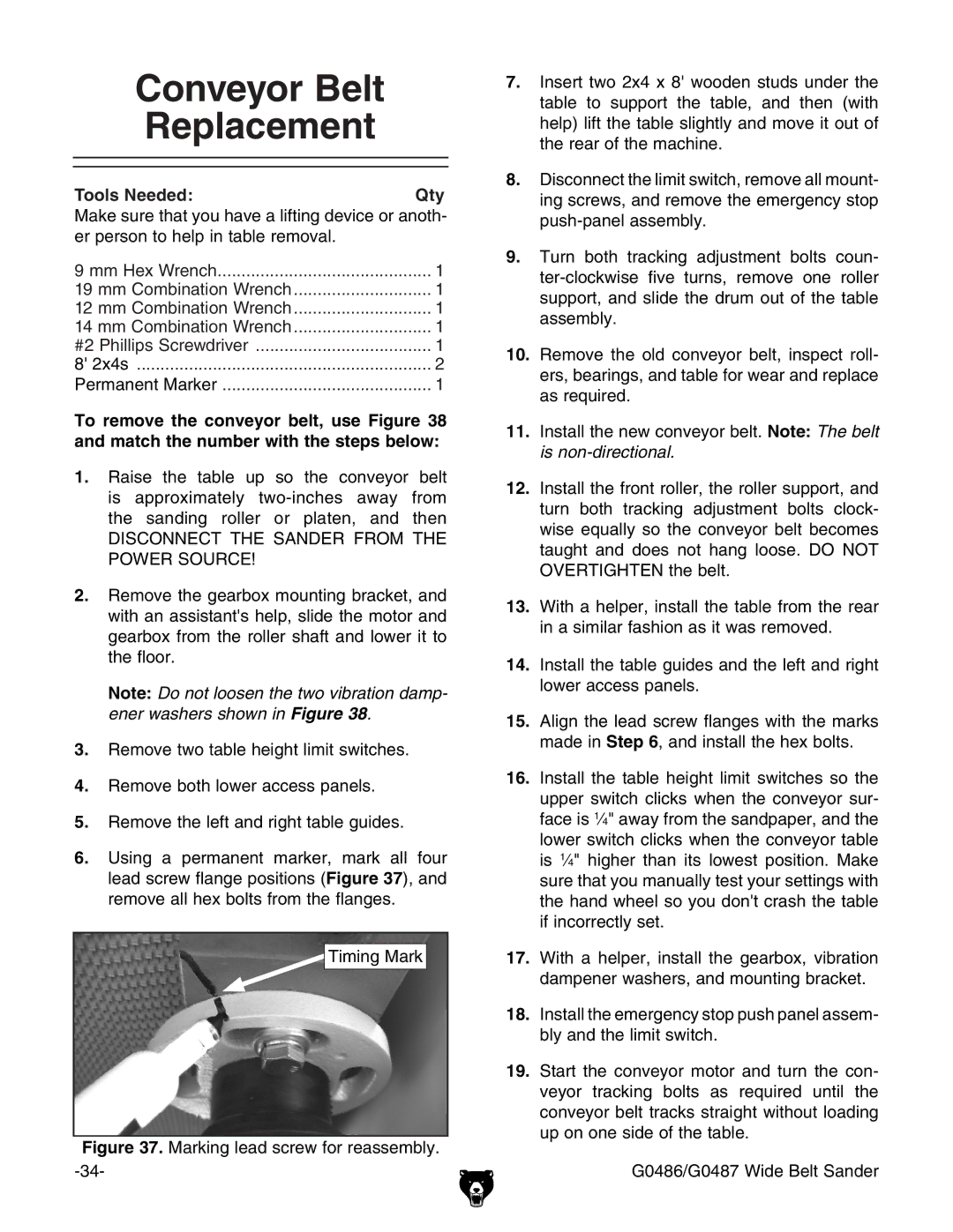 Grizzly G0486/G0487 owner manual Conveyor Belt Replacement, Tools Needed Qty 