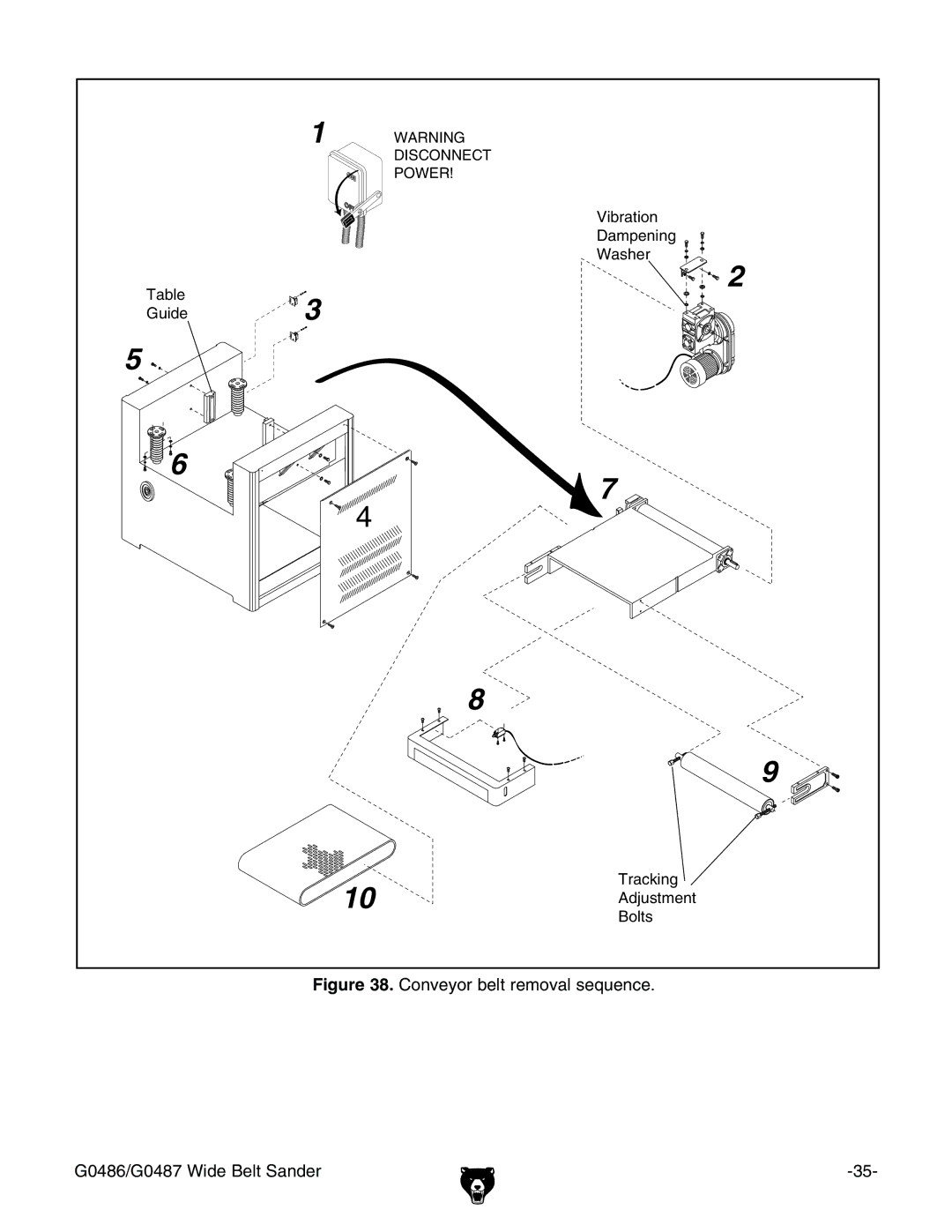 Grizzly owner manual Conveyor belt removal sequence G0486/G0487 Wide Belt Sander 