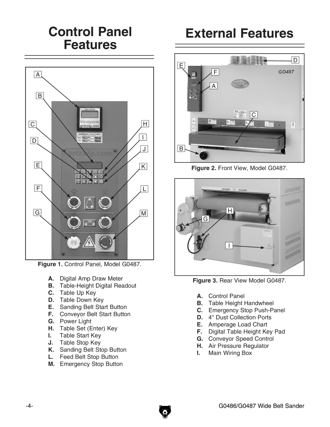 Grizzly G0486/G0487 owner manual External Features, Front View, Model G0487 