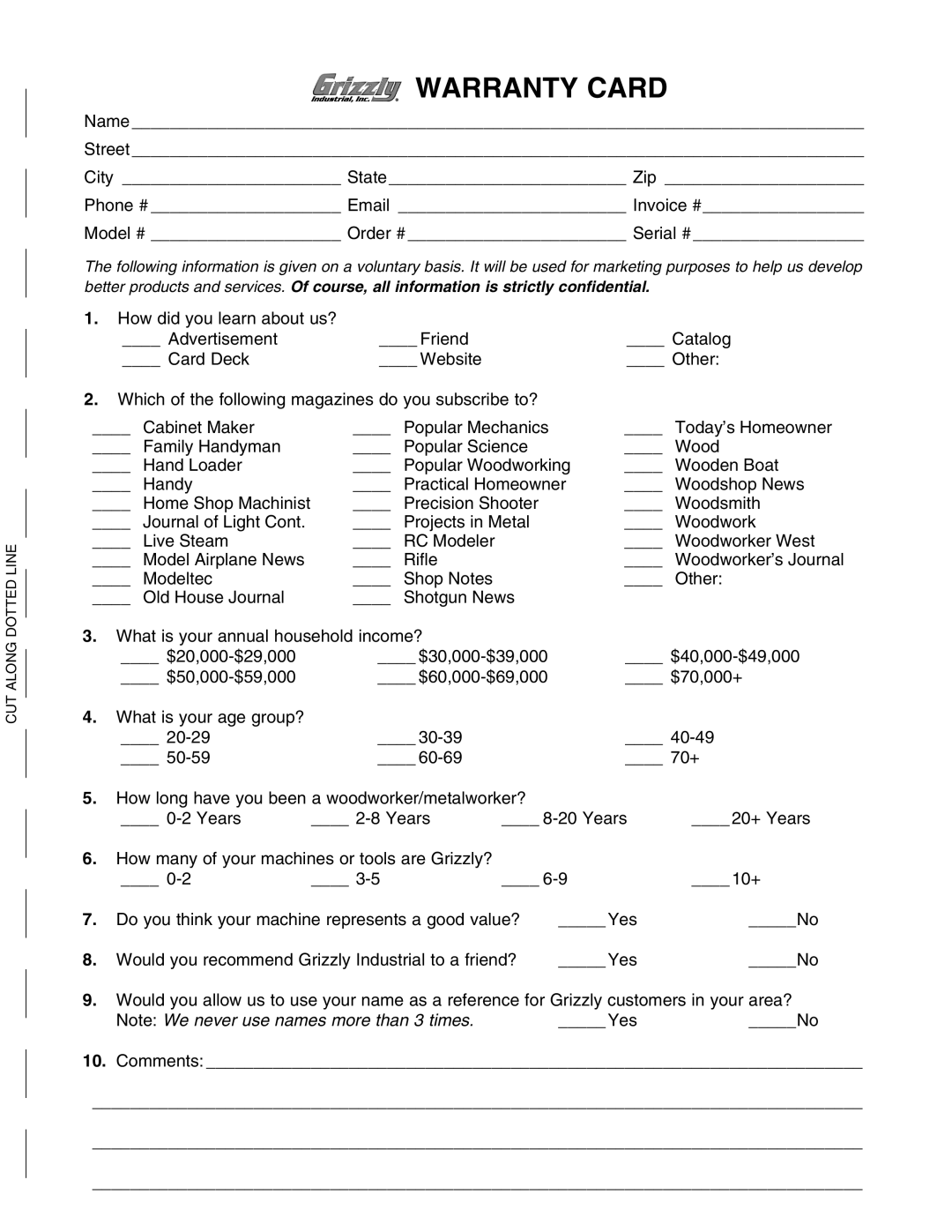 Grizzly G0486/G0487 owner manual Warranty Card, Comments 