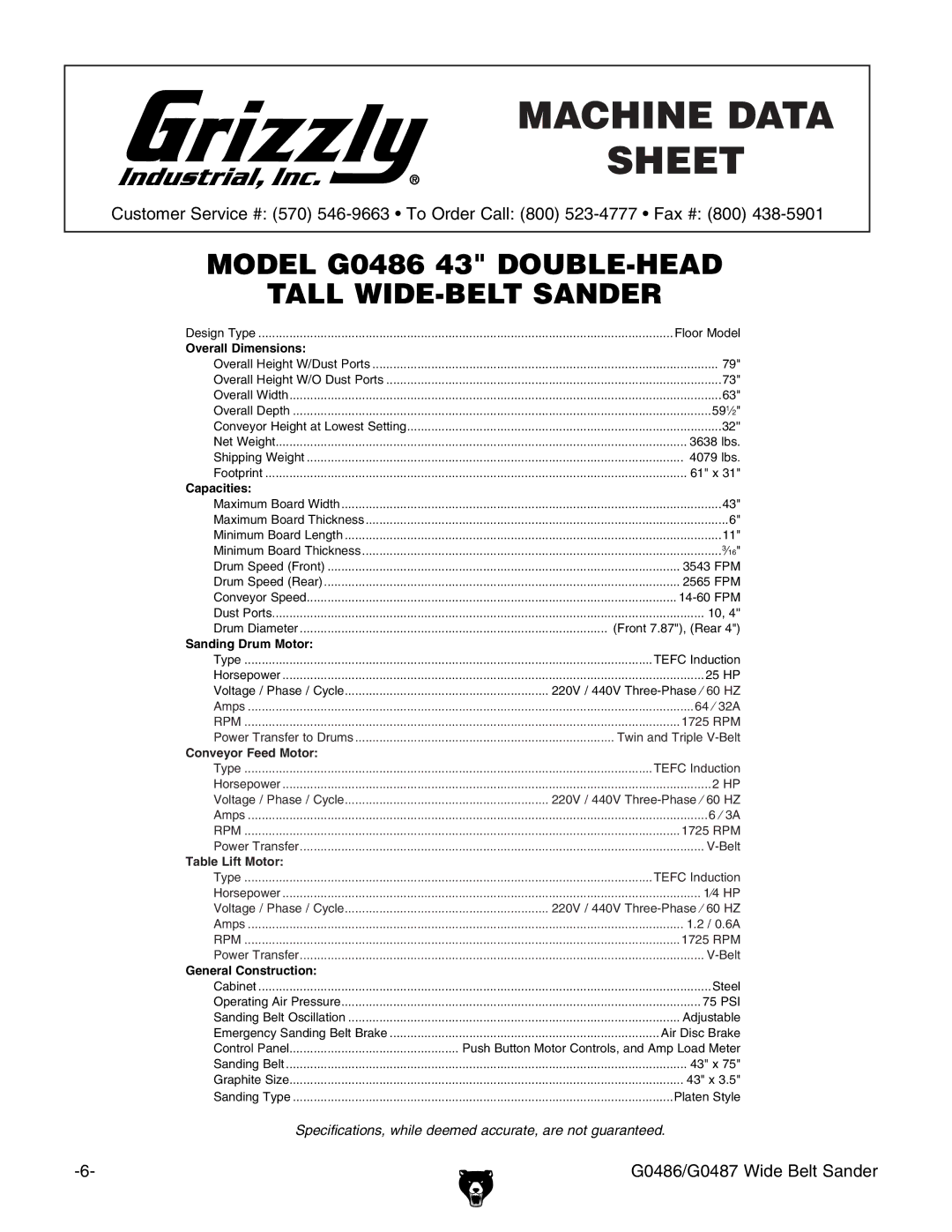 Grizzly G0486/G0487 owner manual Machine Data Sheet G0486 