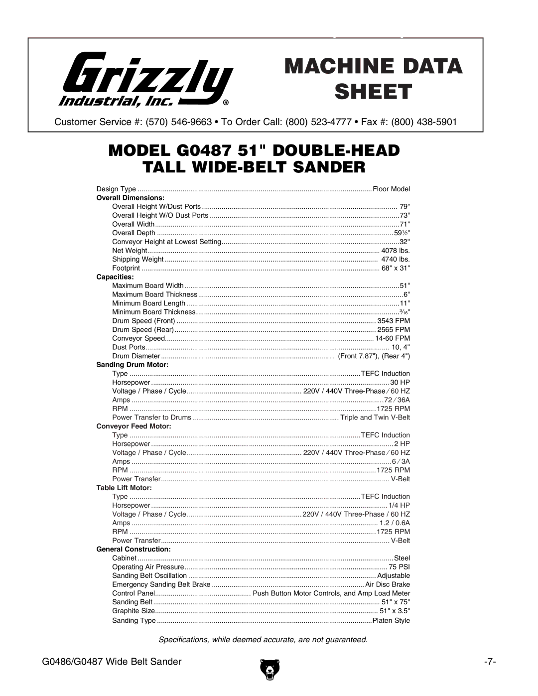 Grizzly G0486/G0487 owner manual Machine Data Sheet G0487 