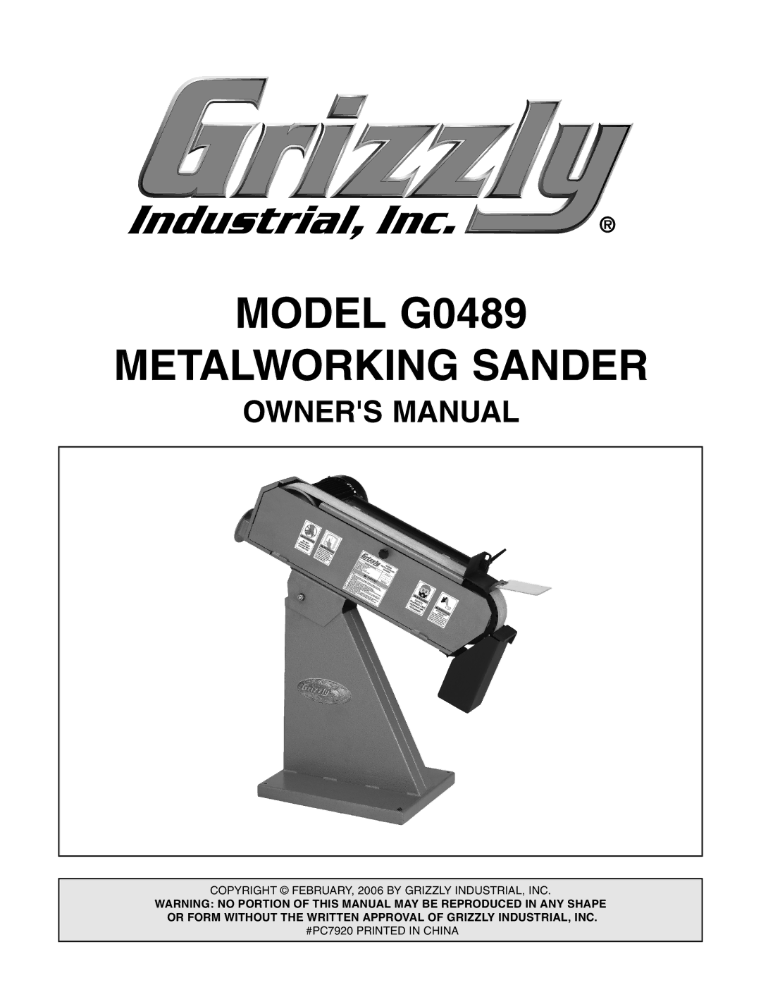 Grizzly owner manual Model G0489 Metalworking Sander 