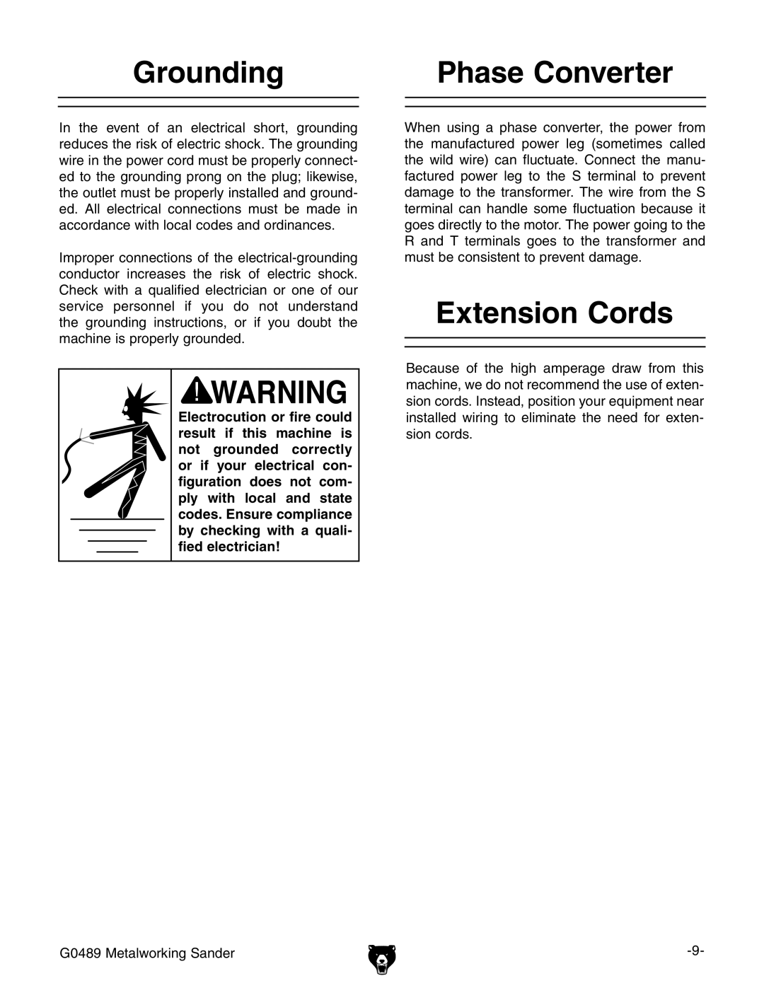 Grizzly G0489 owner manual Grounding Phase Converter, Extension Cords 