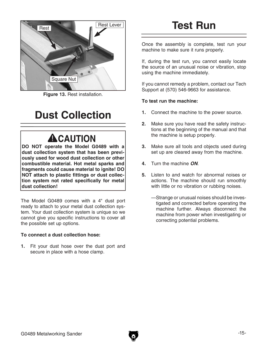 Grizzly G0489 owner manual Dust Collection, Test Run 