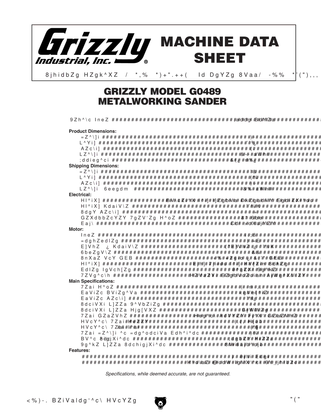 Grizzly G0489 owner manual Machine Data Sheet 