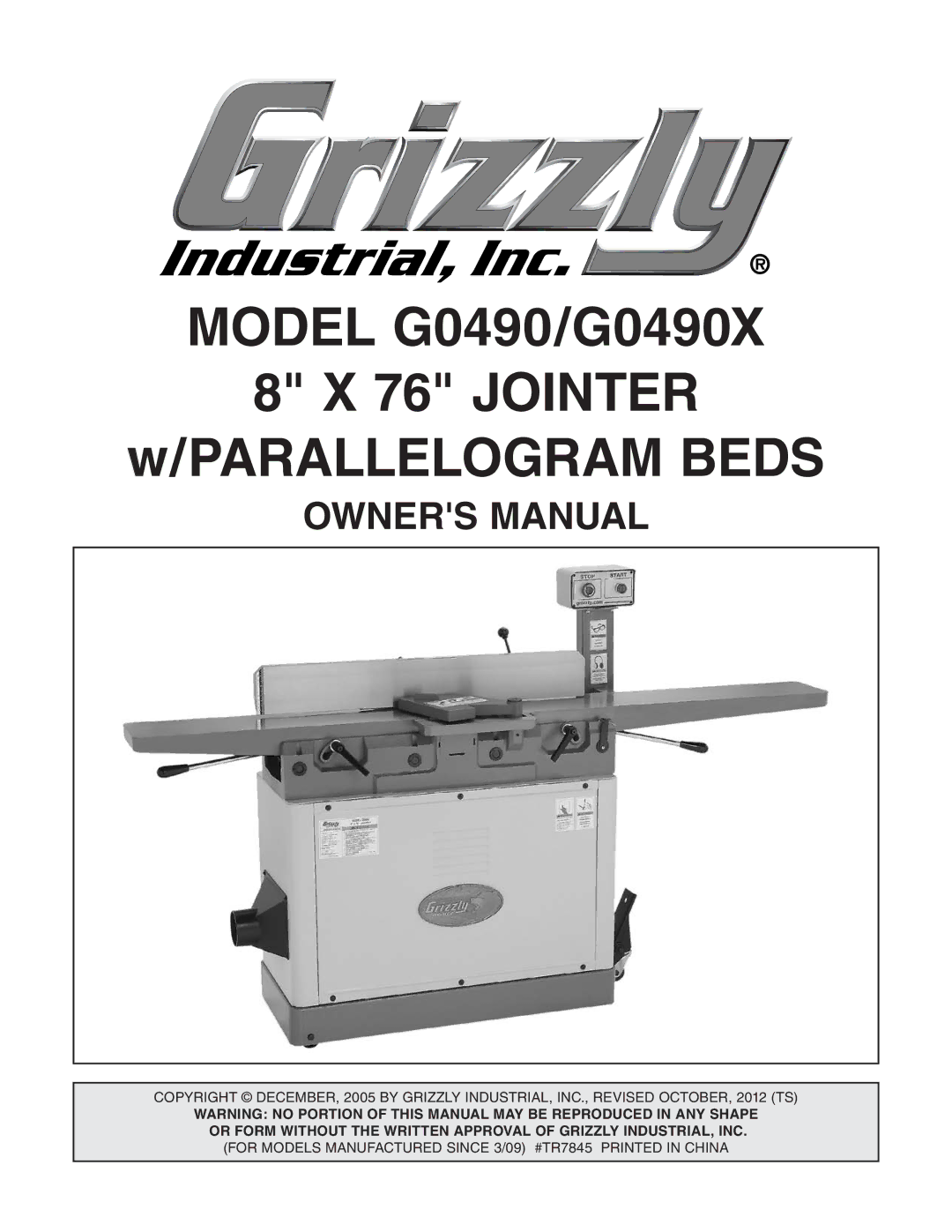 Grizzly owner manual Model G0490/G0490X 76 Jointer Parallelogram Beds 