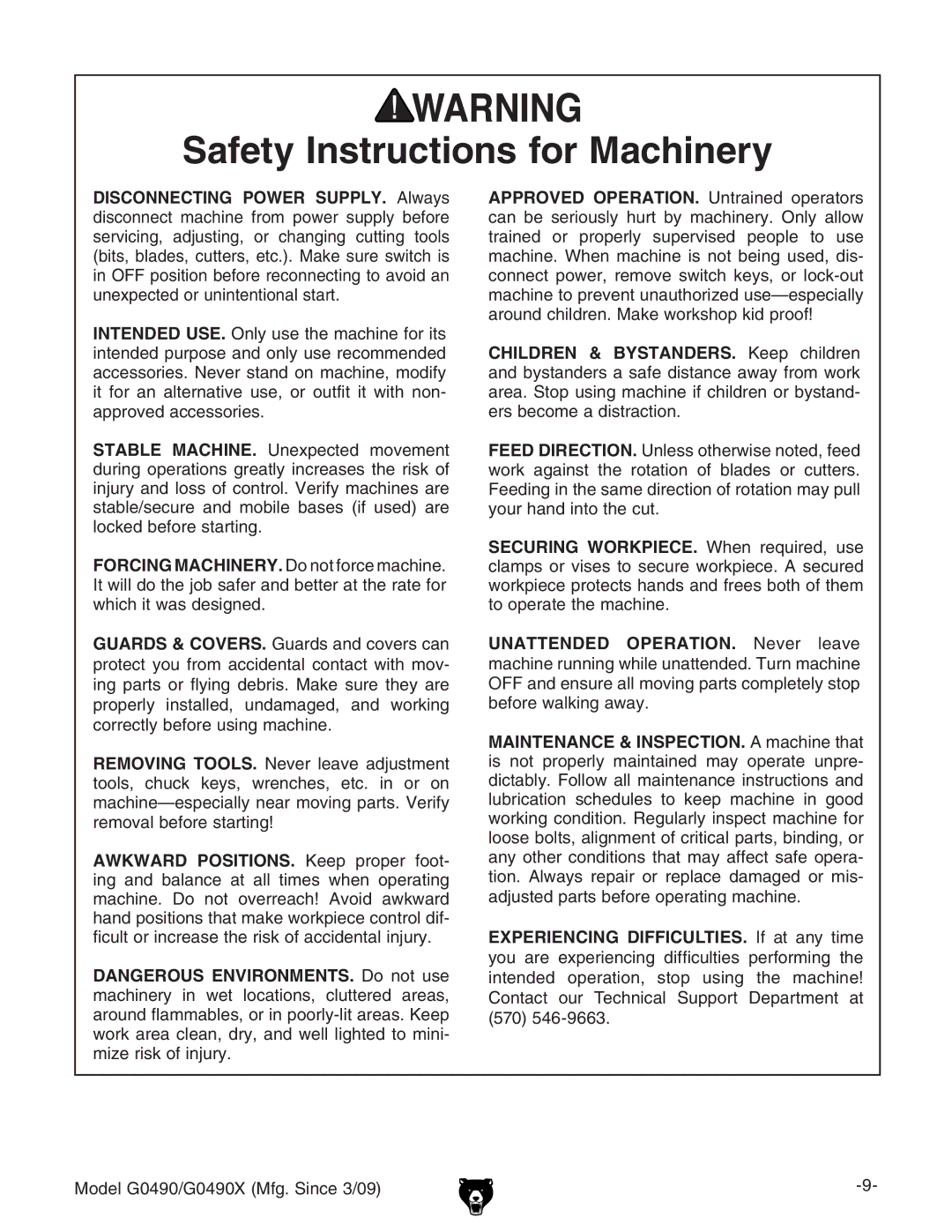 Grizzly G0490 owner manual Children & BYSTANDERS. @ZZe XaYgZc 