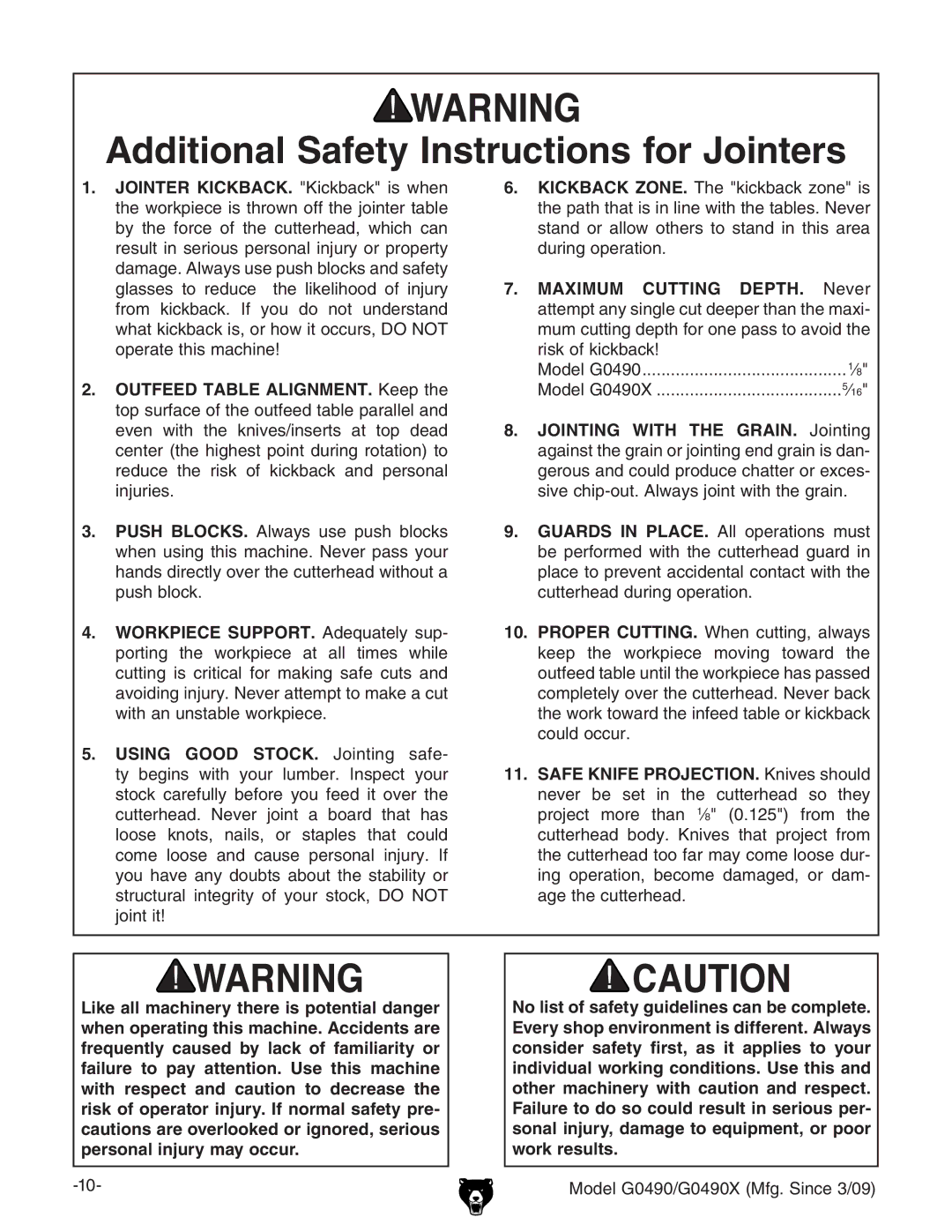 Grizzly G0490 owner manual Additional Safety Instructions for Jointers, Yjgc\deZgVidc# 