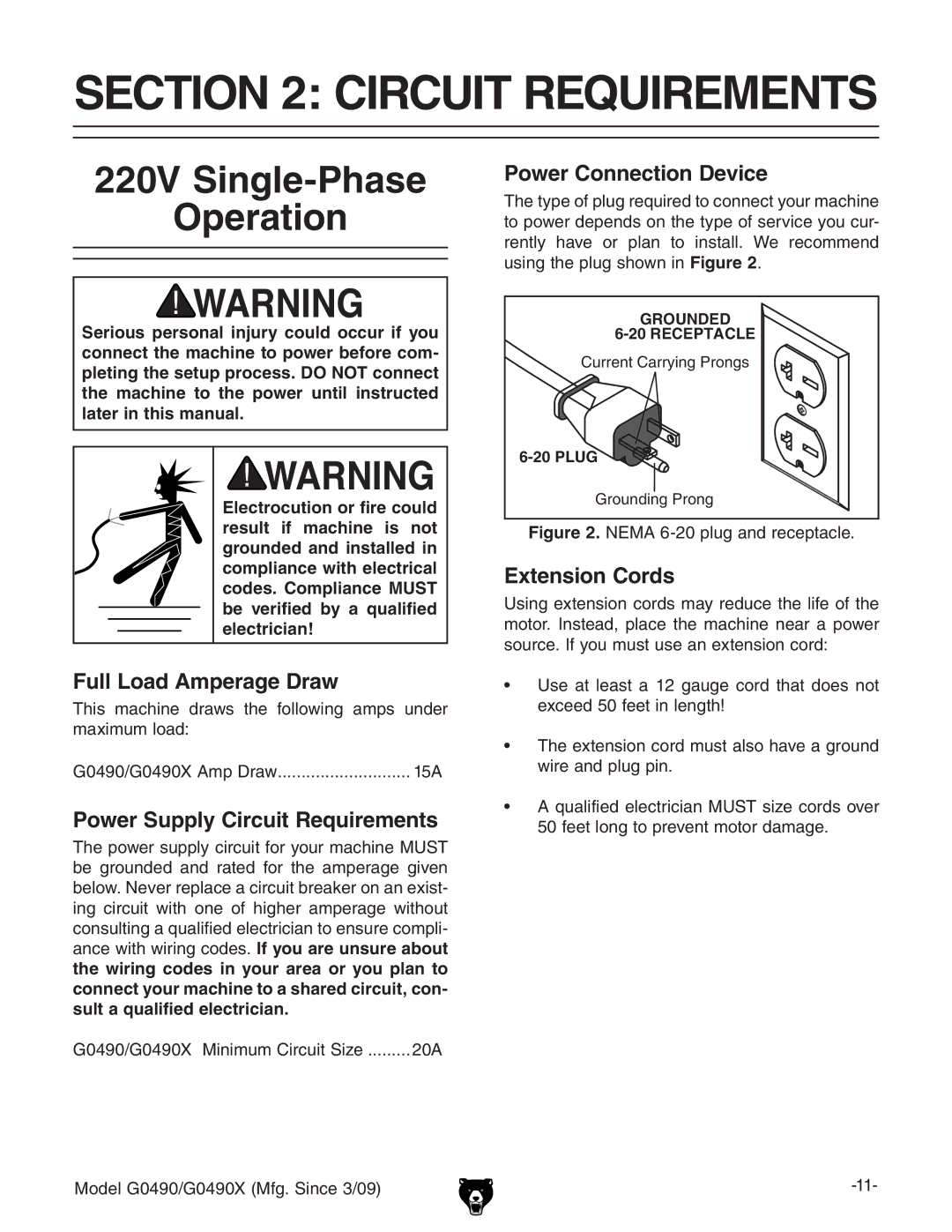 Grizzly G0490 Circuit Requirements, 220V Single-Phase Operation, Ih bVXcZ YgVlh iZ daadlc\ Vbeh jcYZg bVmbjbadVY 