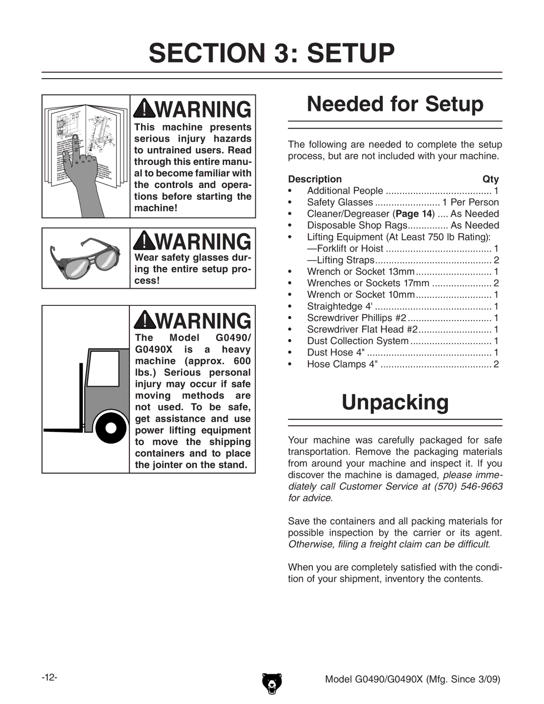 Grizzly G0490 owner manual Needed for Setup, Unpacking, Description Qty 