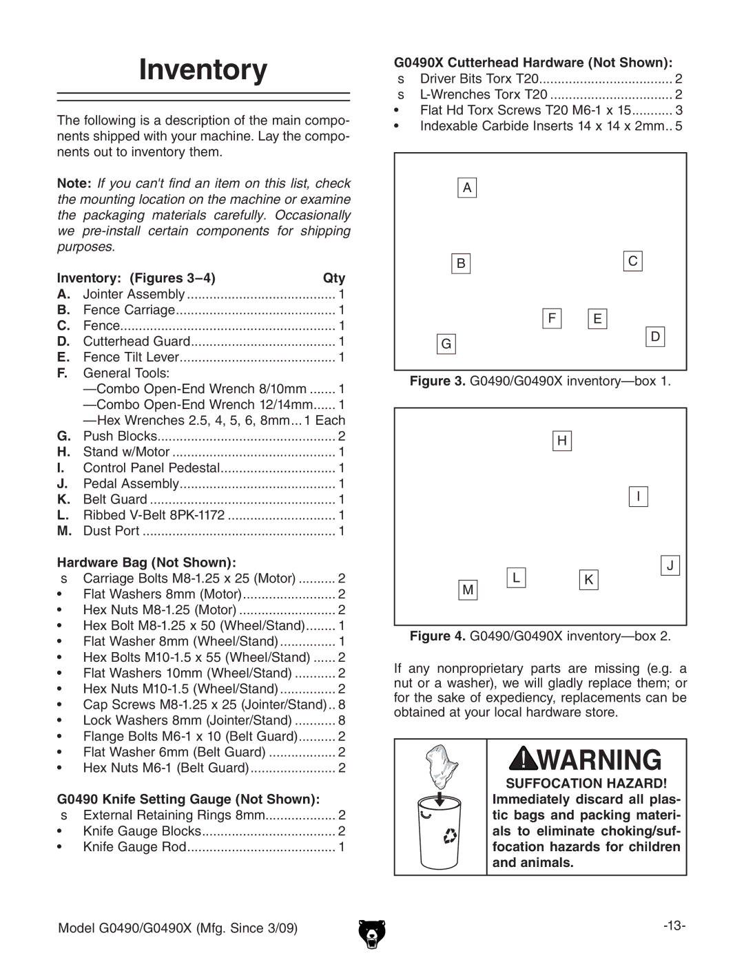 Grizzly owner manual Inventory Figures Qty, Hardware Bag Not Shown, G0490 Knife Setting Gauge Not Shown 