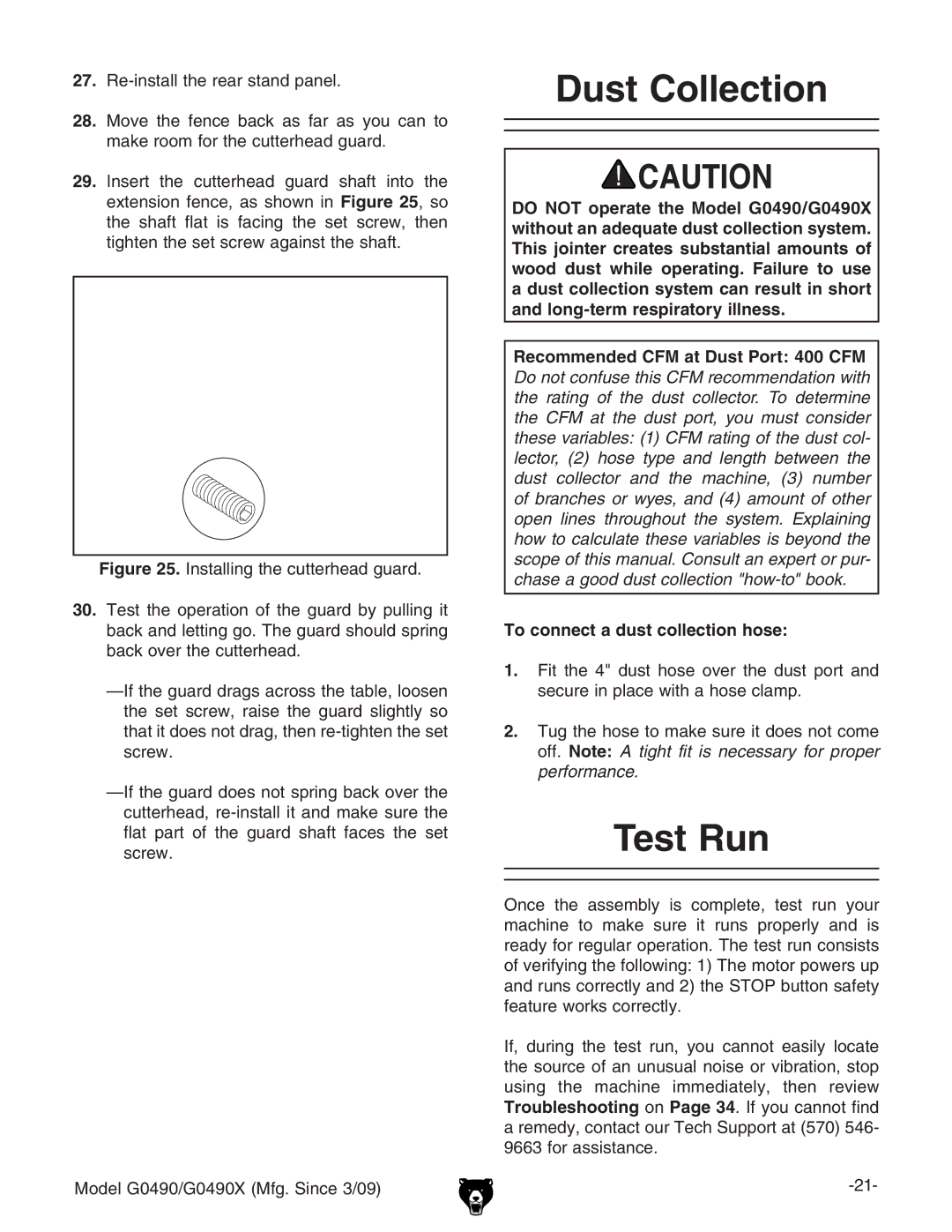 Grizzly G0490 owner manual Dust Collection, Test Run, 27. GZchiVaaiZgZVghiVcYeVcZa#, To connect a dust collection hose 