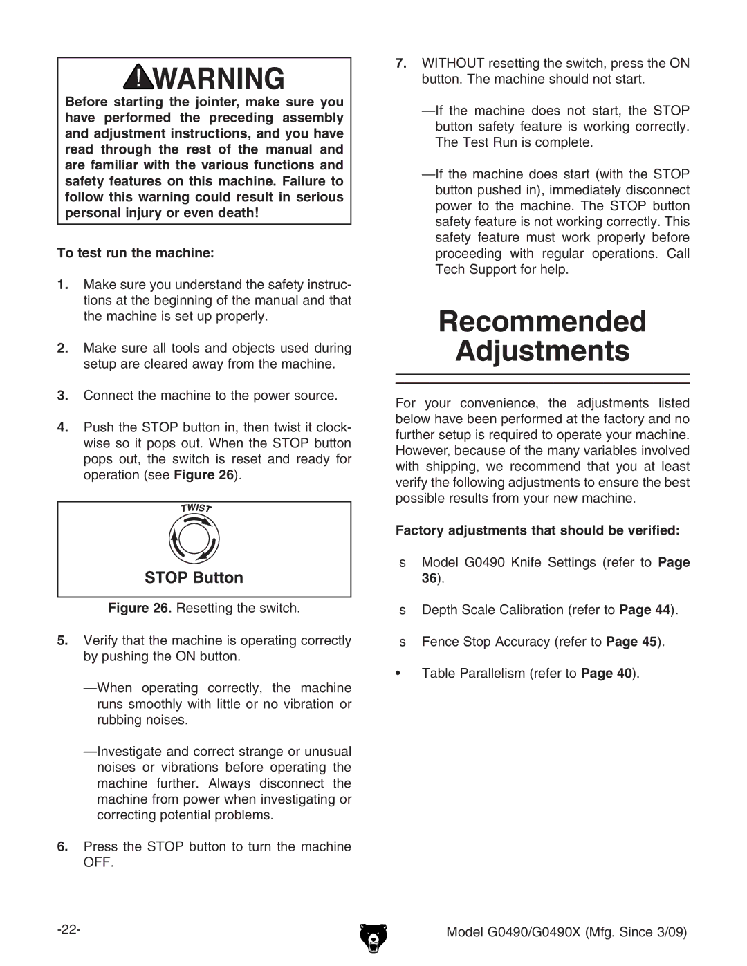 Grizzly G0490 Recommended Adjustments,  8dccZXiiZbVXcZidiZedlZghdjgXZ#, Factory adjustments that should be verified 