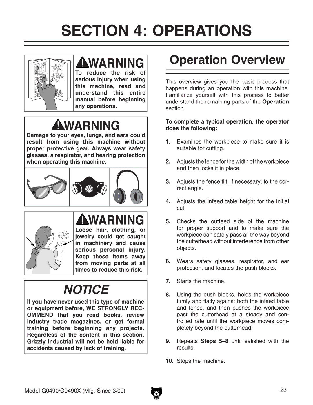 Grizzly G0490 Operations, Operation Overview,  6Yjhih iZ cZZY iVWaZ Z\i dg iZ ciVa Xji#,  HiVgihiZbVXcZ# 