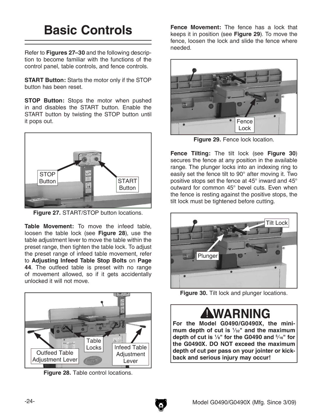 Grizzly G0490 owner manual Basic Controls 