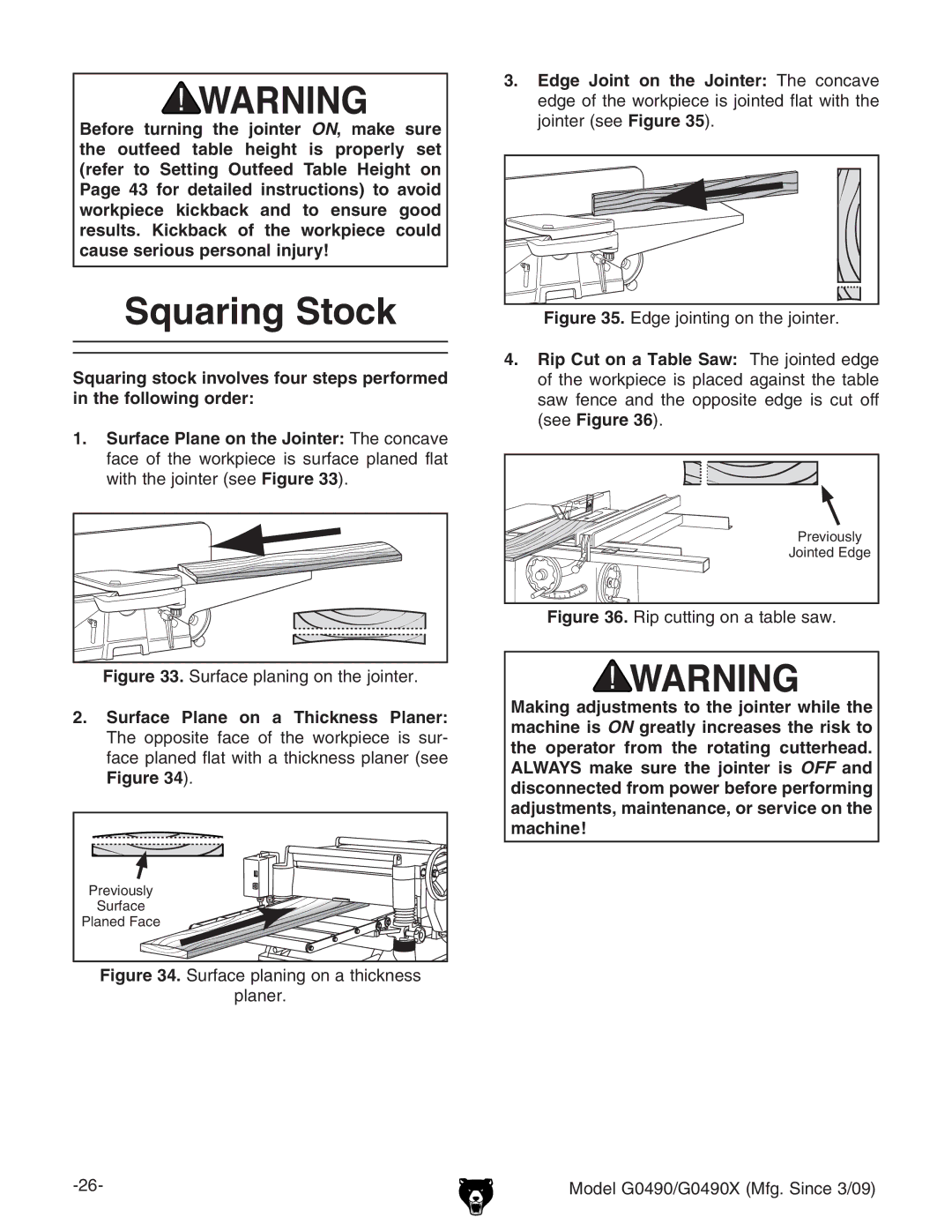 Grizzly G0490 owner manual Squaring Stock, Surface Plane on a Thickness Planer, EaVcZg# 