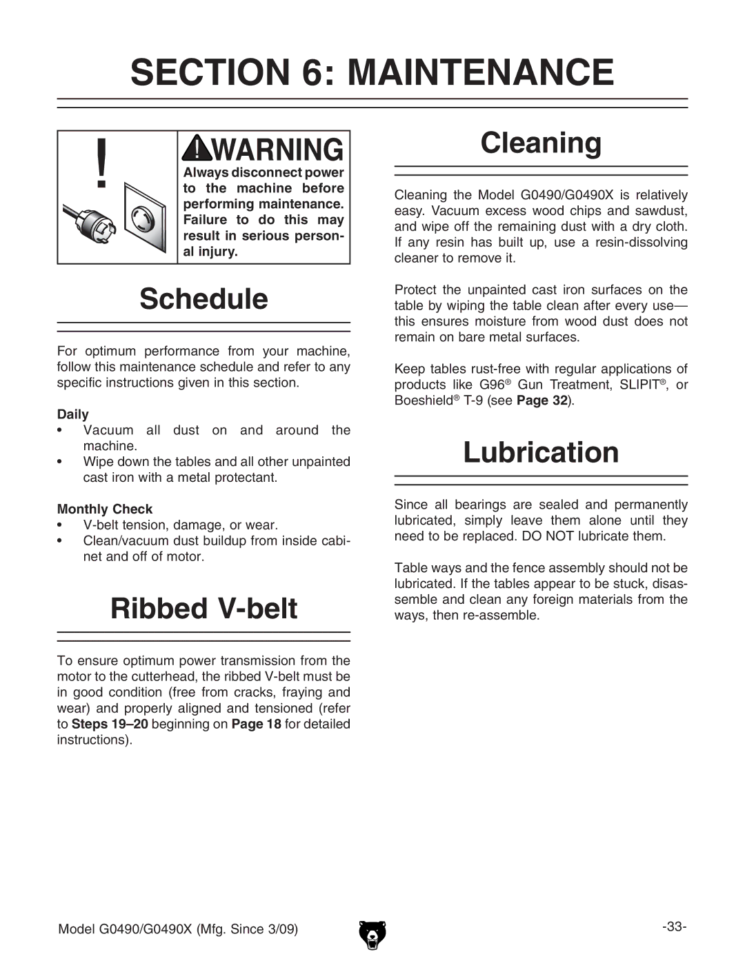 Grizzly G0490 owner manual Maintenance, Schedule, Ribbed V-belt, Cleaning, Lubrication 