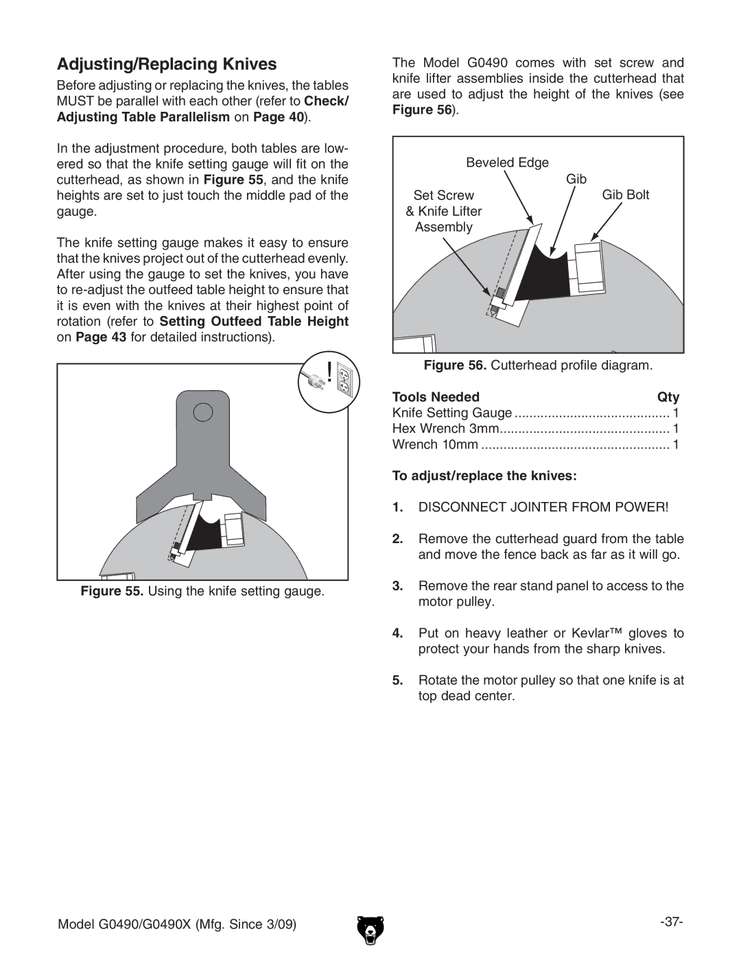 Grizzly G0490 owner manual 7ZkZaZYY\Z, 7dai, Tools NeededQty, To adjust/replace the knives, 9H8DCC8I?DCIGGDBEDLG 