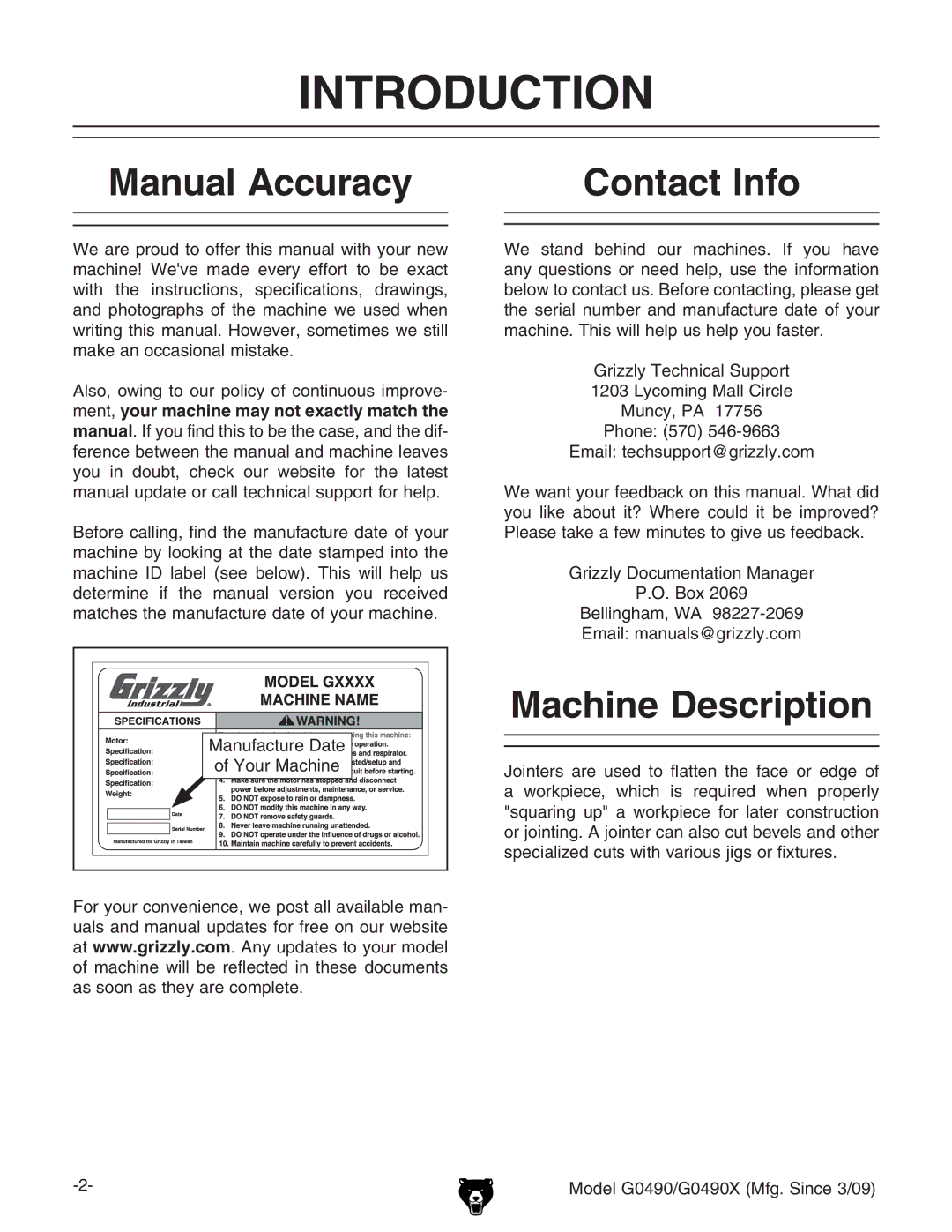 Grizzly G0490 owner manual Introduction, Manual Accuracy Contact Info, Machine Description, NdjgBVXcZ 