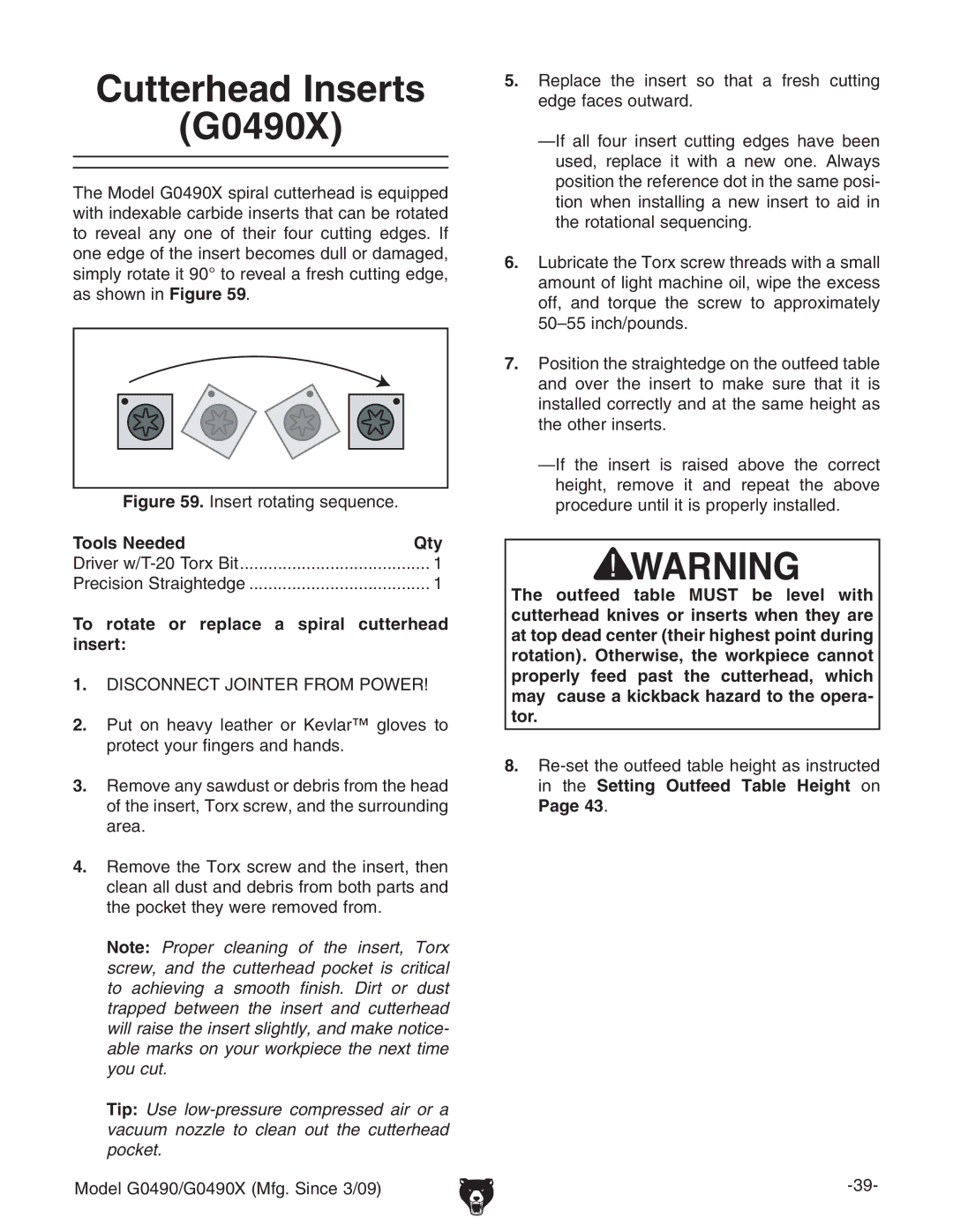 Grizzly owner manual Cutterhead Inserts G0490X, To rotate or replace a spiral cutterhead insert, VgZV# 