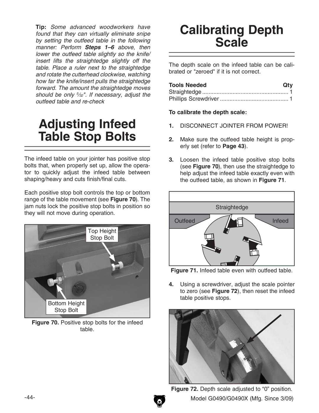 Grizzly G0490 Adjusting Infeed Table Stop Bolts, Calibrating Depth Scale, Ide=Z\i Hide7dai 7diidb=Z\i, DjiZZY CZZY 