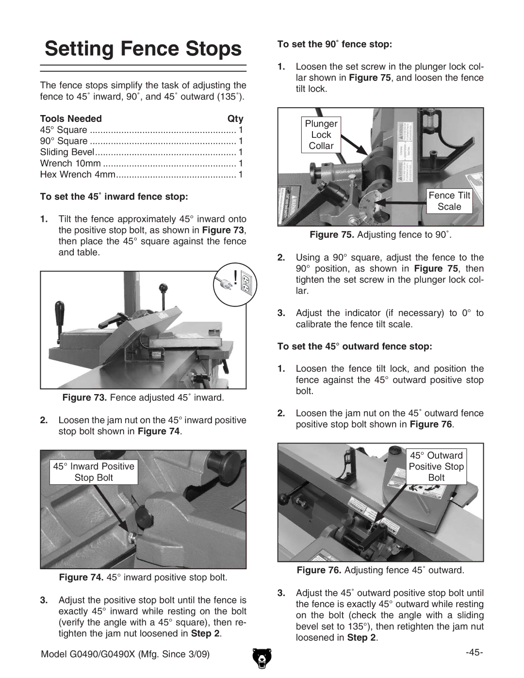 Grizzly G0490 owner manual Setting Fence Stops, To set the 45˚ inward fence stop, To set the 90˚ fence stop 