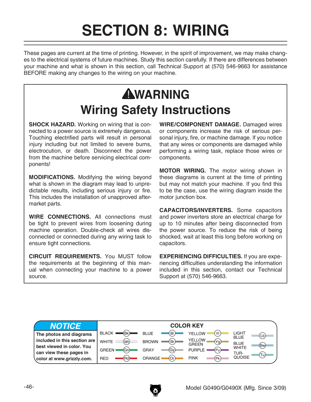 Grizzly G0490 owner manual Wiring Safety Instructions, Shock HAZARD. Ldg`c\dclgc\iVihXdc, XdbedcZcih#, EdcZcih 