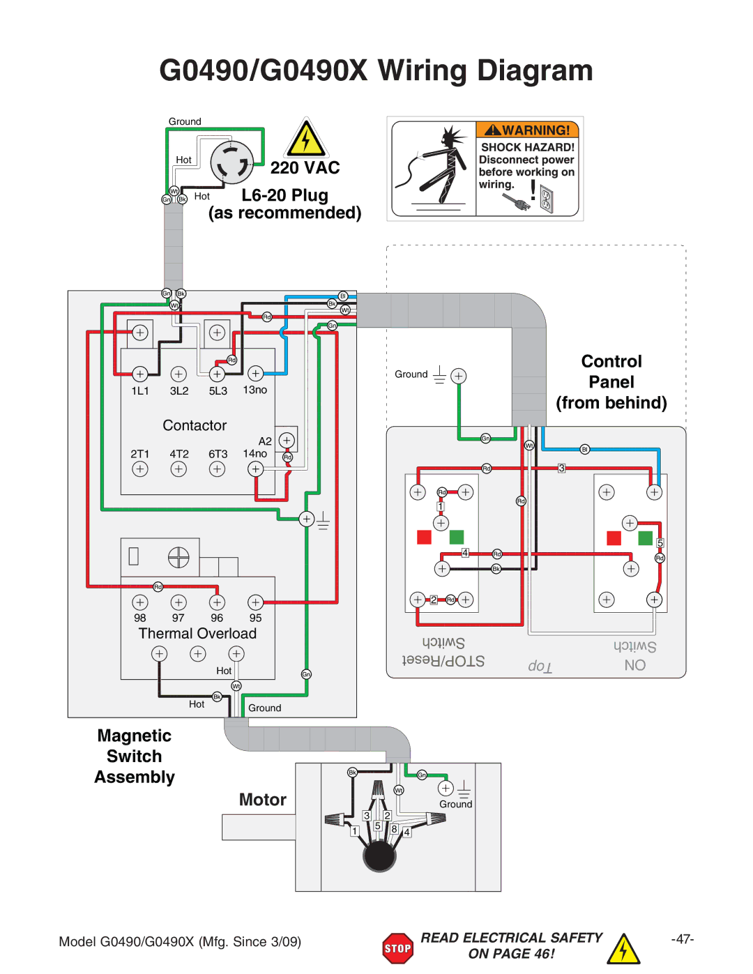 Grizzly owner manual G0490/G0490X Wiring Diagram, =di L6-20 Plug as recommended 