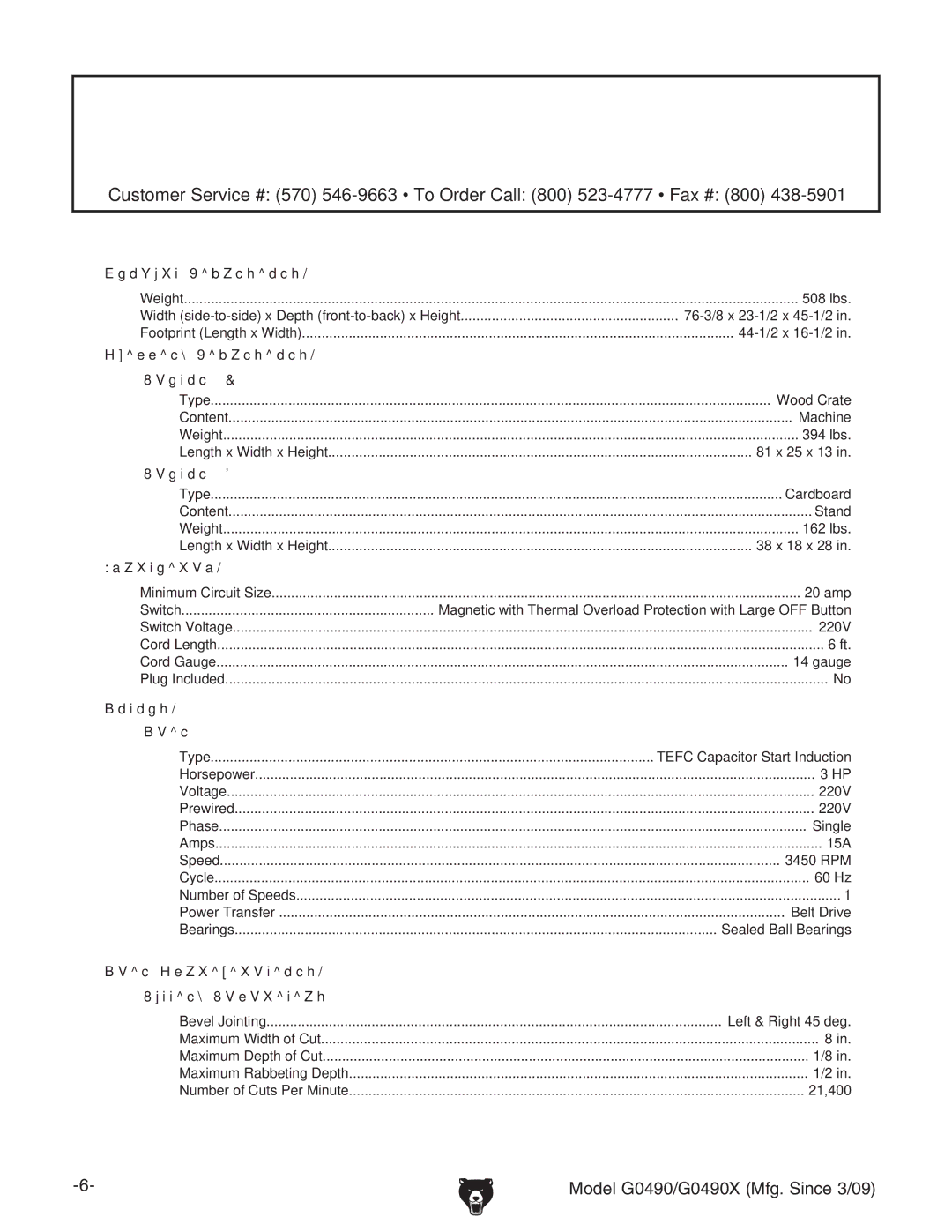 Grizzly G0490 owner manual 394 lbs 