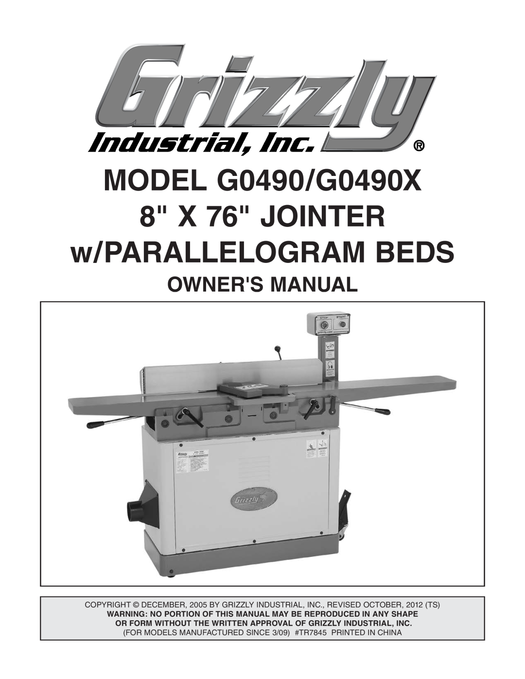 Grizzly owner manual Owners Manual, MODEL G0490/G0490X 8 X 76 JOINTER w/PARALLELOGRAM BEDS 