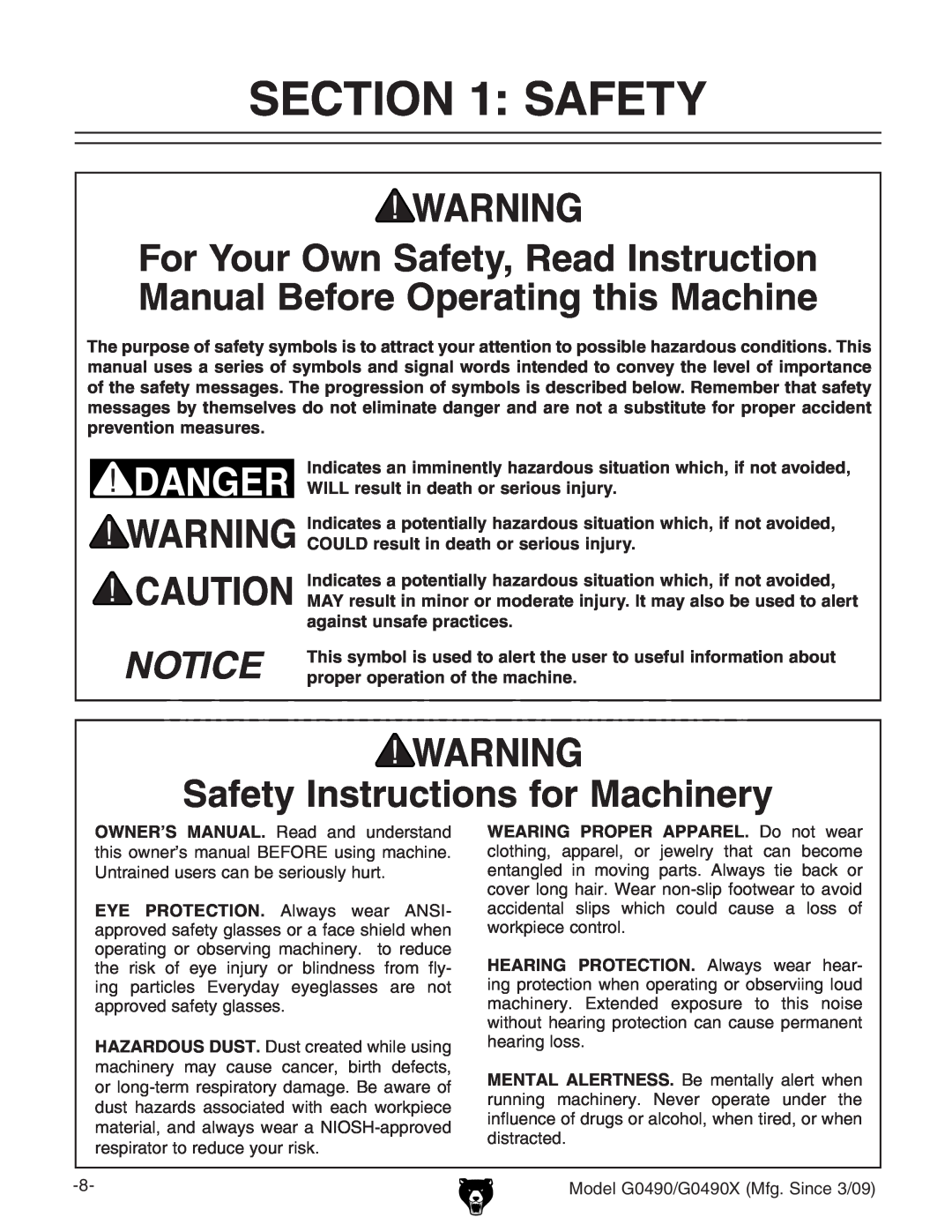 Grizzly G0490 Safety Instructions for Machinery, Indicates an imminently hazardous situation which, if not avoided 