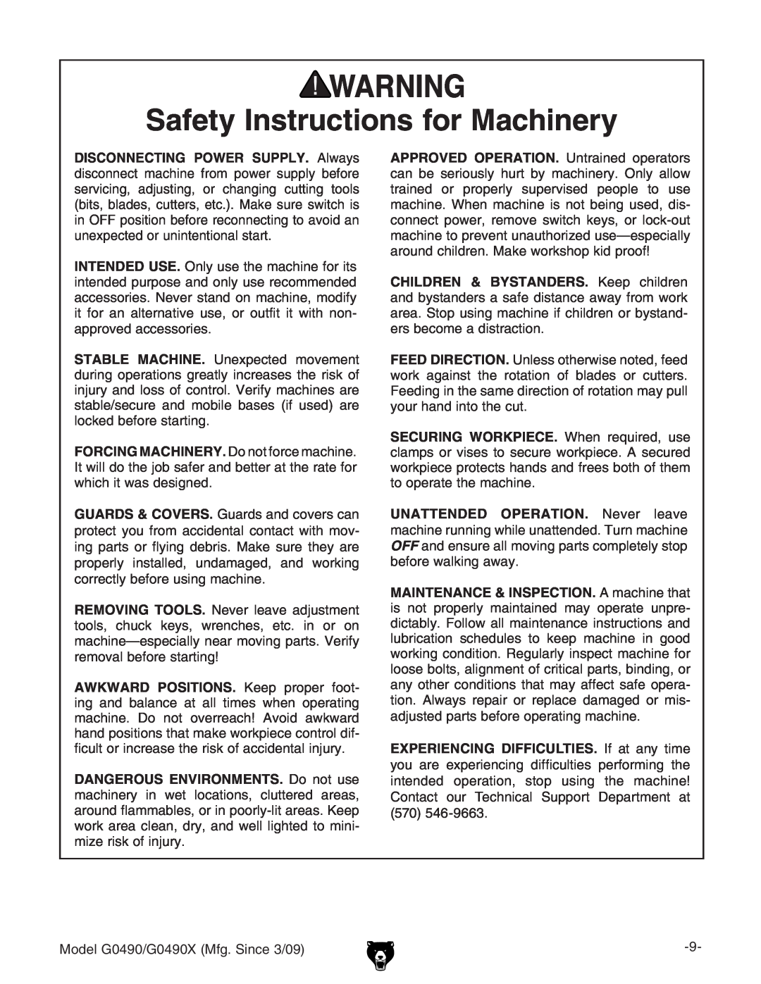Grizzly G0490 Safety Instructions for Machinery, CHILDREN & BYSTANDERS. @ZZe XaYgZc, BdYZa%.%$%.%MB\#HcXZ$%. 