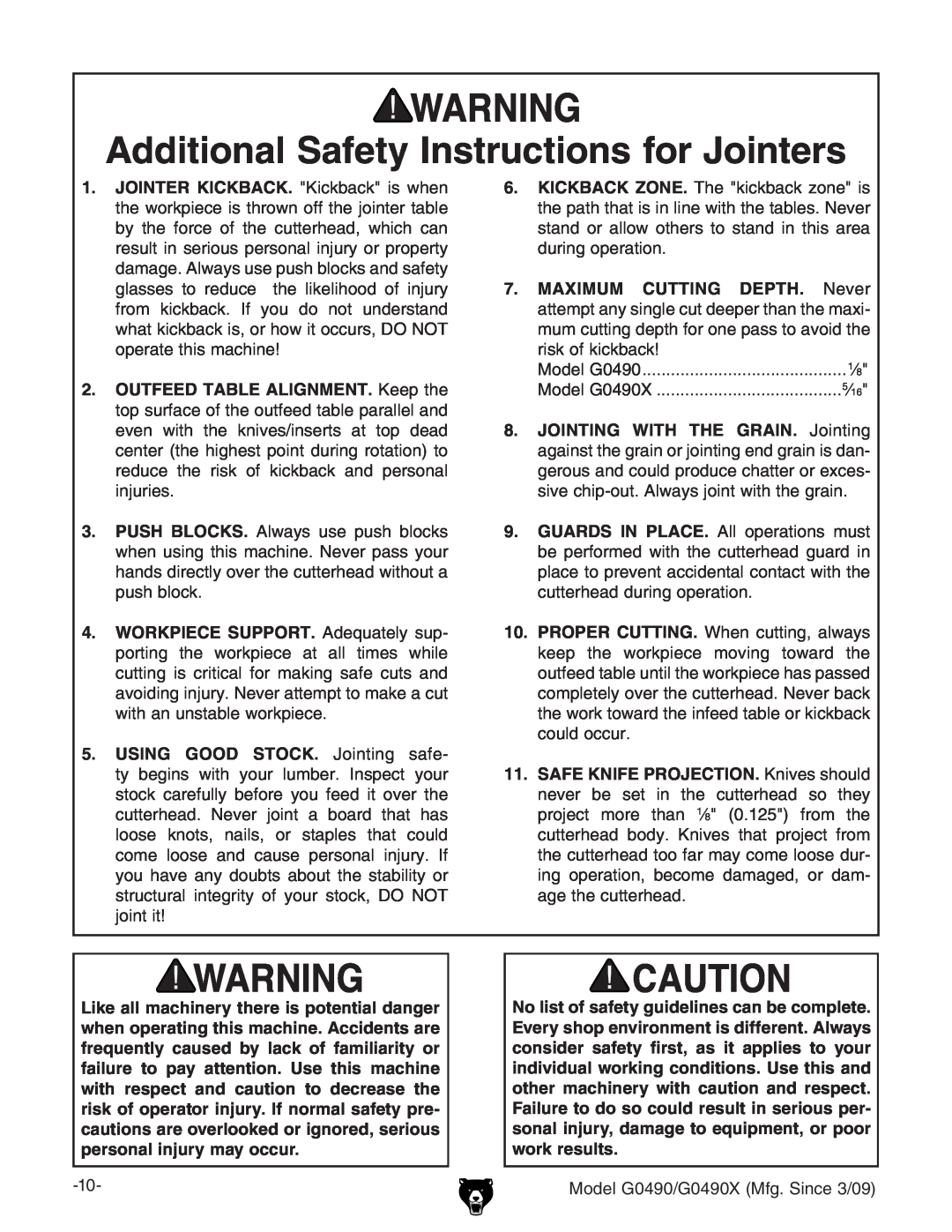 Grizzly G0490 Additional Safety Instructions for Jointers, 6. KICKBACK ZONE.IZ`X`WVX`odcZh, Yjgc\deZgVidc# 