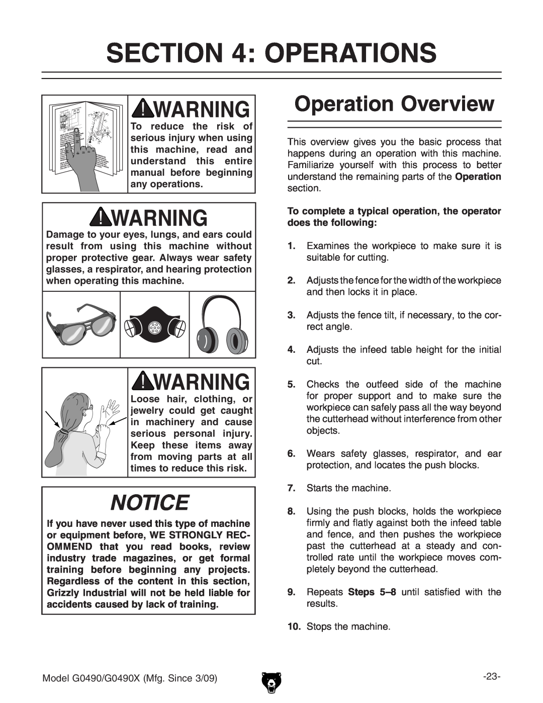 Grizzly G0490 Operations, Operation Overview, Loose hair, clothing, or jewelry could get caught, 7. HiVgihiZbVXcZ# 