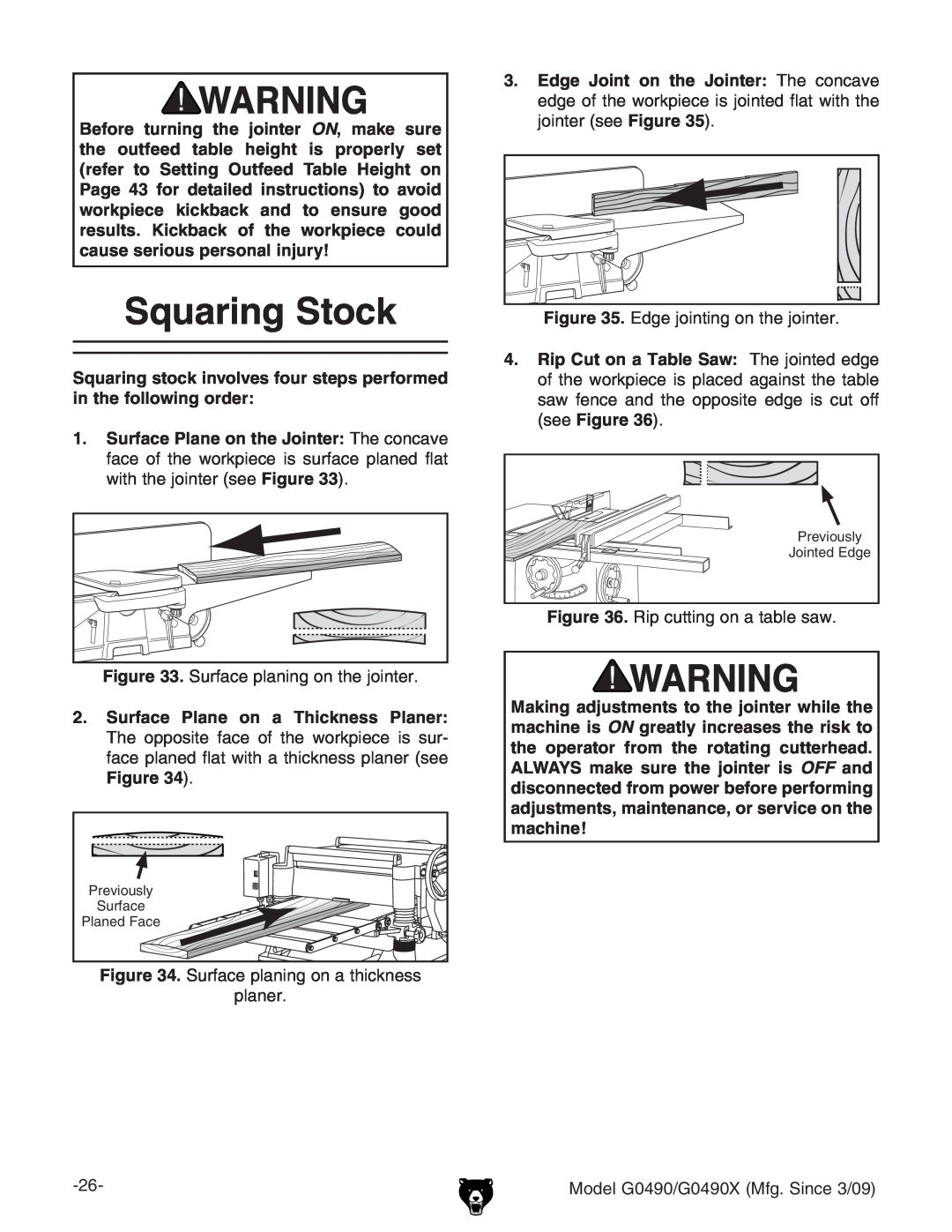 Grizzly G0490 owner manual Squaring Stock, Squaring stock involves four steps performed in the following order, #, eaVcZg# 