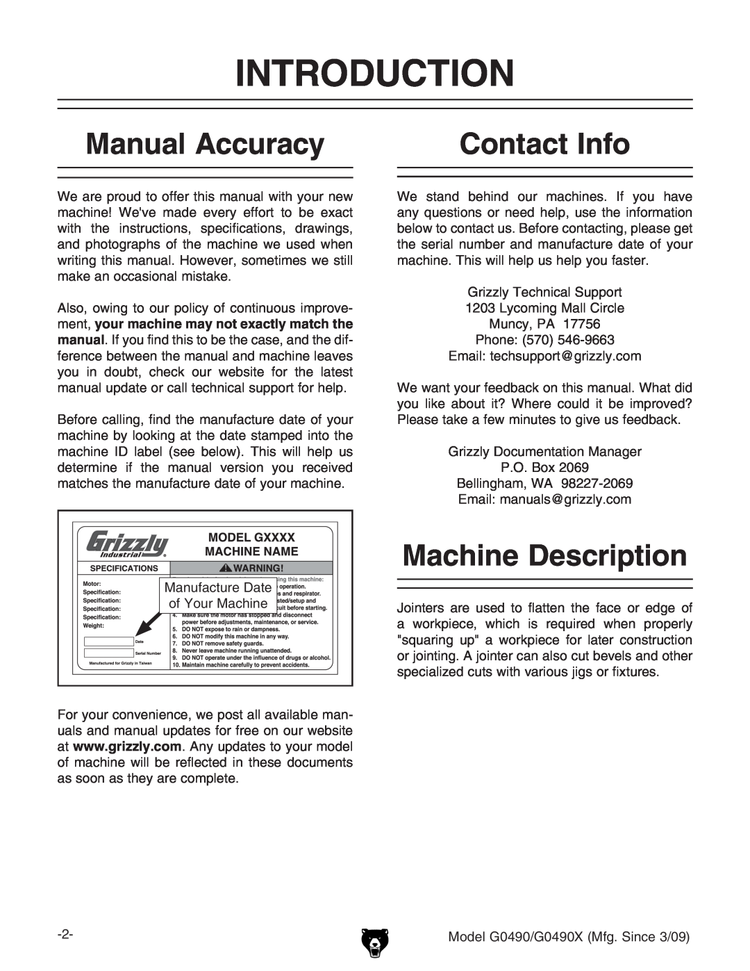 Grizzly G0490 owner manual Introduction, Manual Accuracy, Contact Info, Machine Description, dNdjgBVXcZ, BVcjVXijgZ9ViZ 